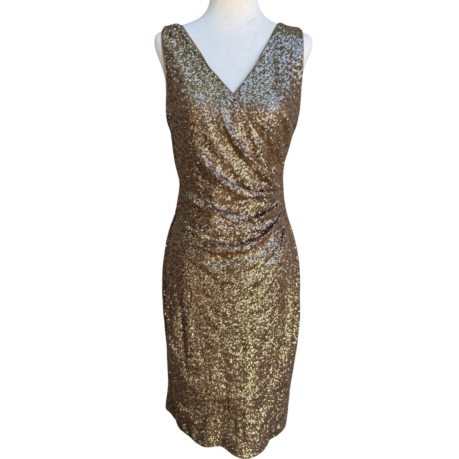 Lauren Ralph Lauren Glam Gold Sequin Ruched V-Neck Cocktail Party Dress Womens 6