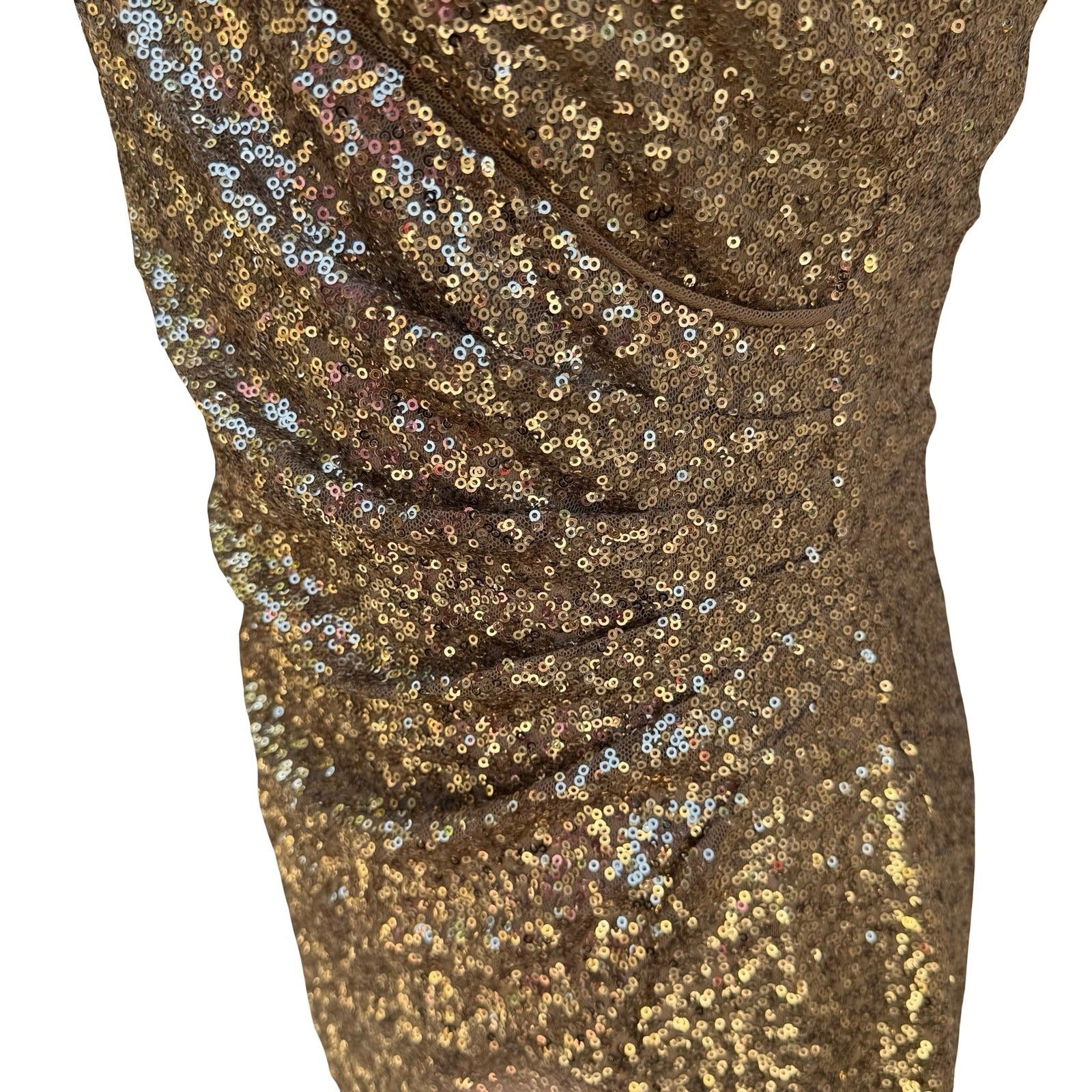 Lauren Ralph Lauren Glam Gold Sequin Ruched V-Neck Cocktail Party Dress Womens 6