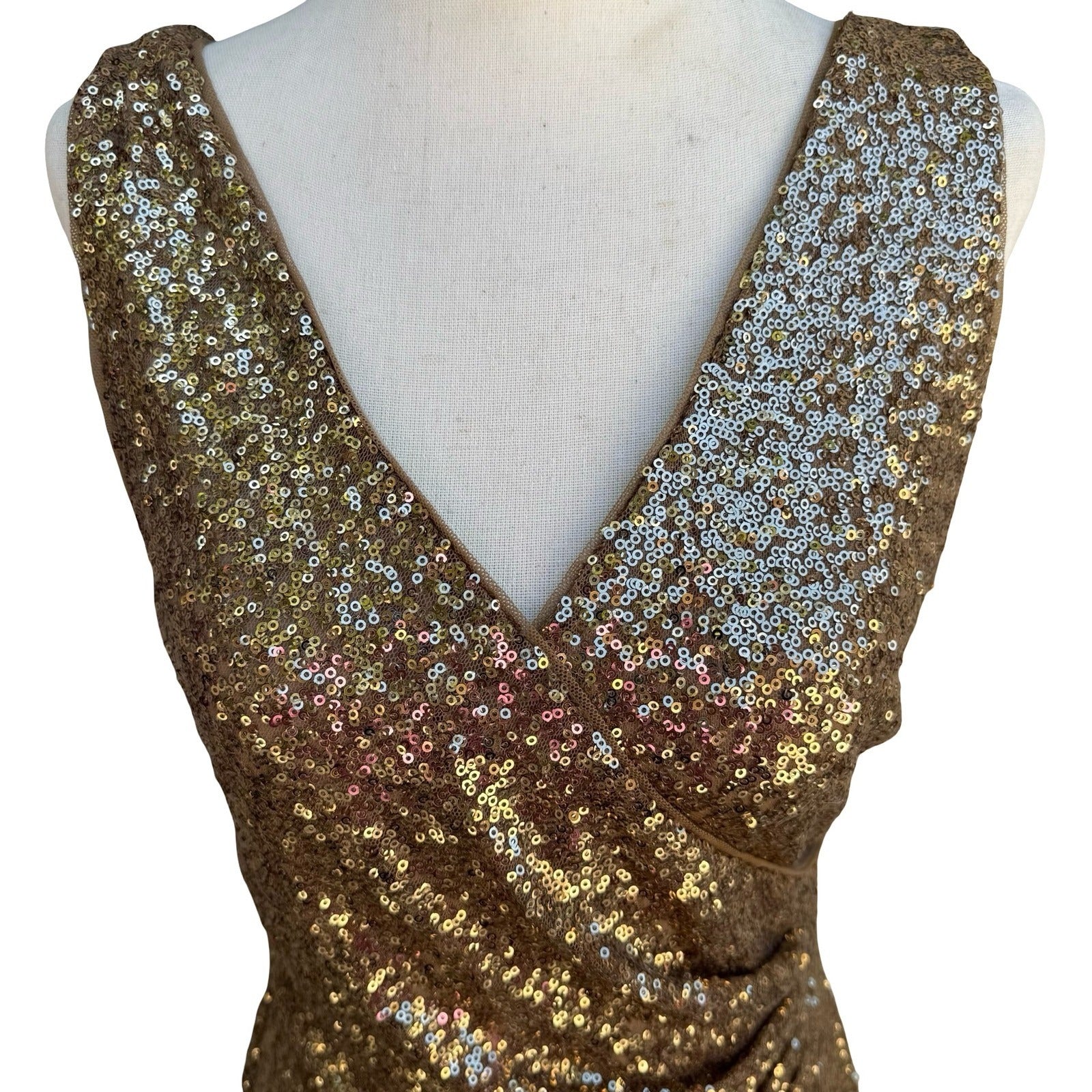 Lauren Ralph Lauren Glam Gold Sequin Ruched V-Neck Cocktail Party Dress Womens 6