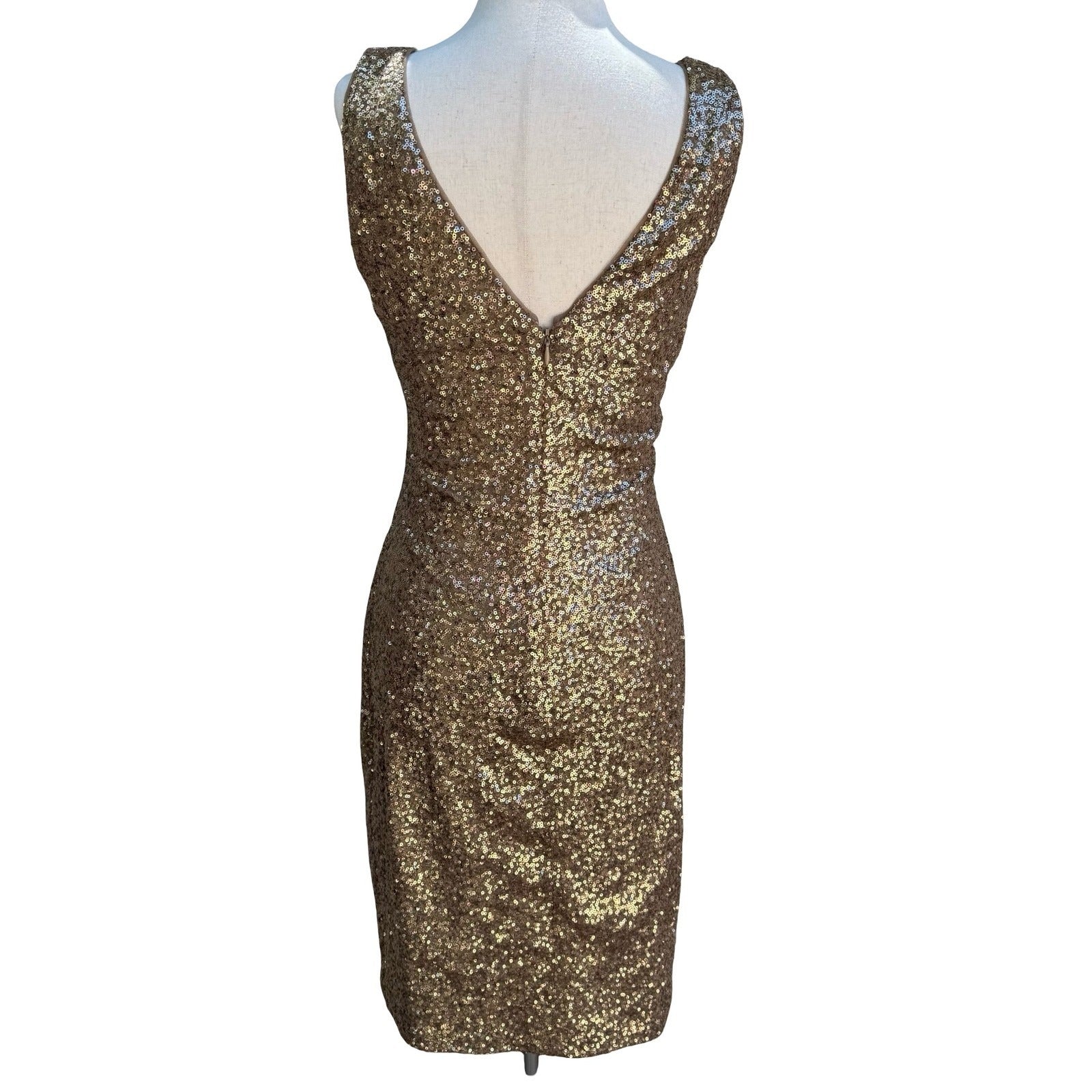 Lauren Ralph Lauren Glam Gold Sequin Ruched V-Neck Cocktail Party Dress Womens 6