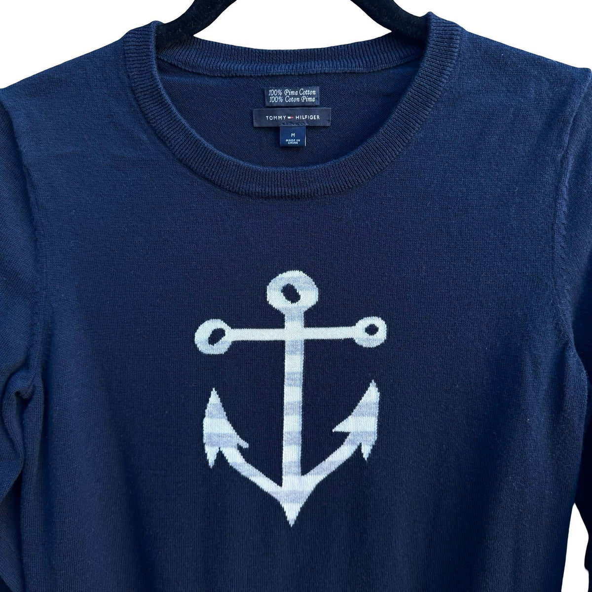 Tommy Hilfiger Nautical Pima Cotton Preppy Coastal Anchor Yacht Sweater Navy M