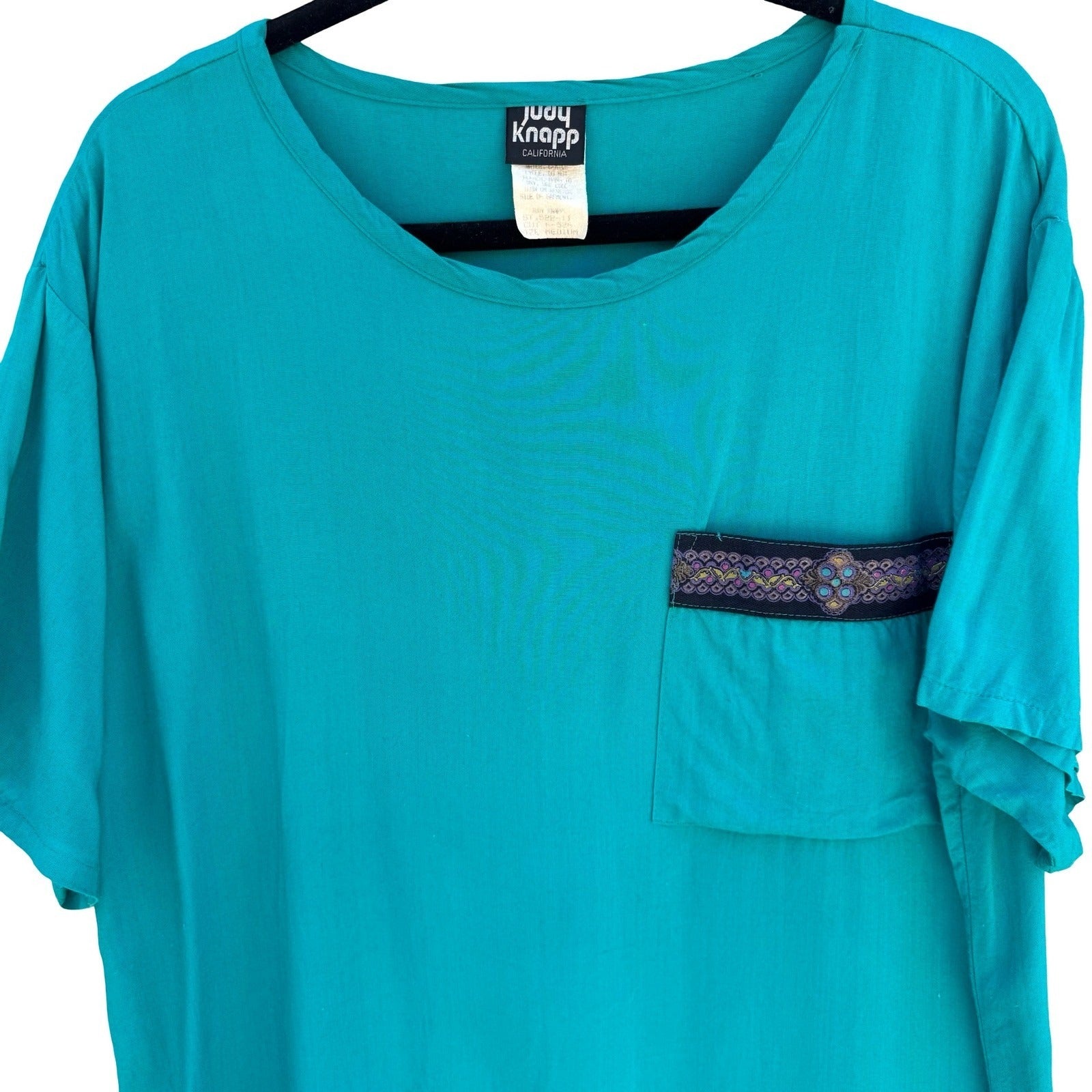 Judy Knapp California Vintage Teal Rayon Pocket Top Embroidered Trim Medium USA