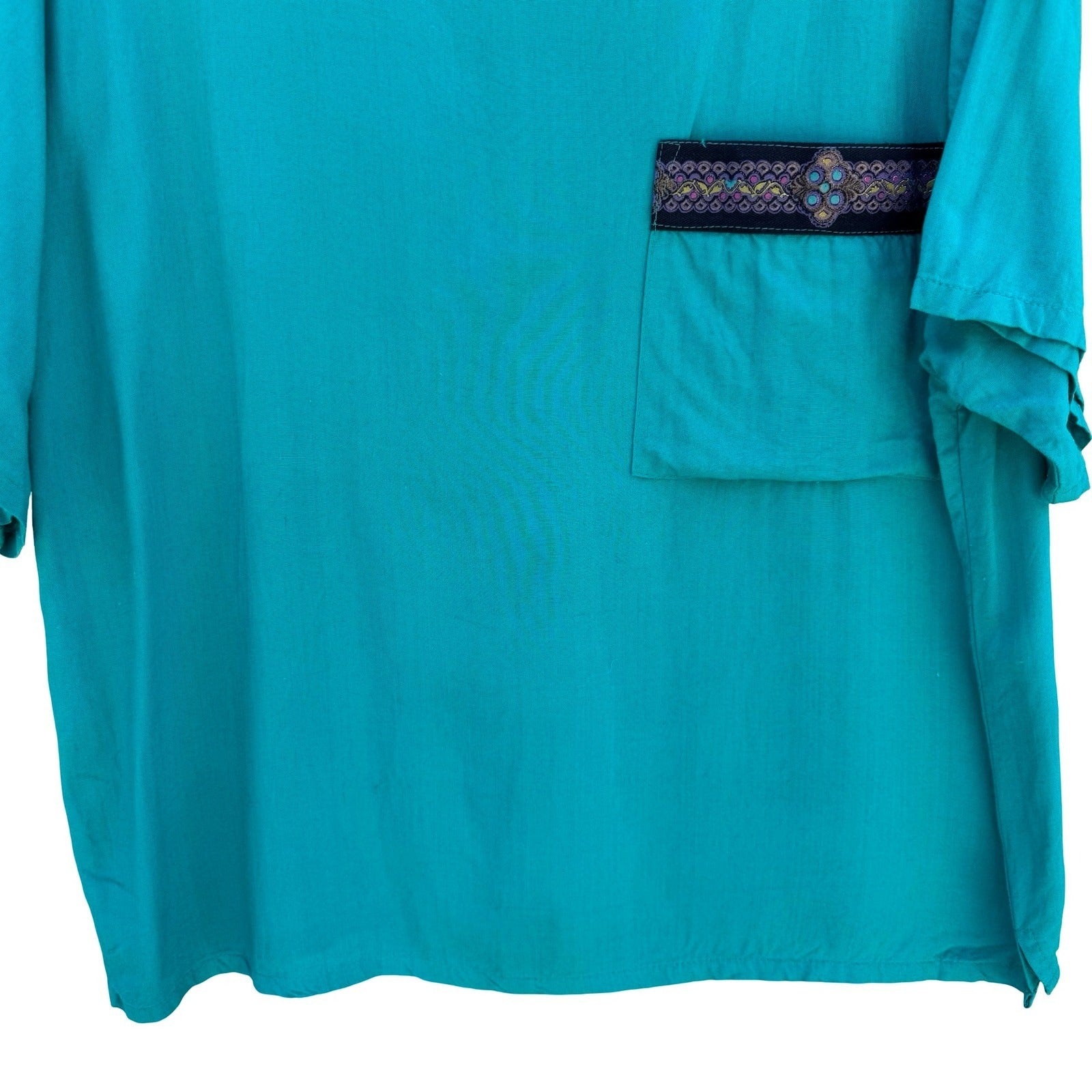 Judy Knapp California Vintage Teal Rayon Pocket Top Embroidered Trim Medium USA