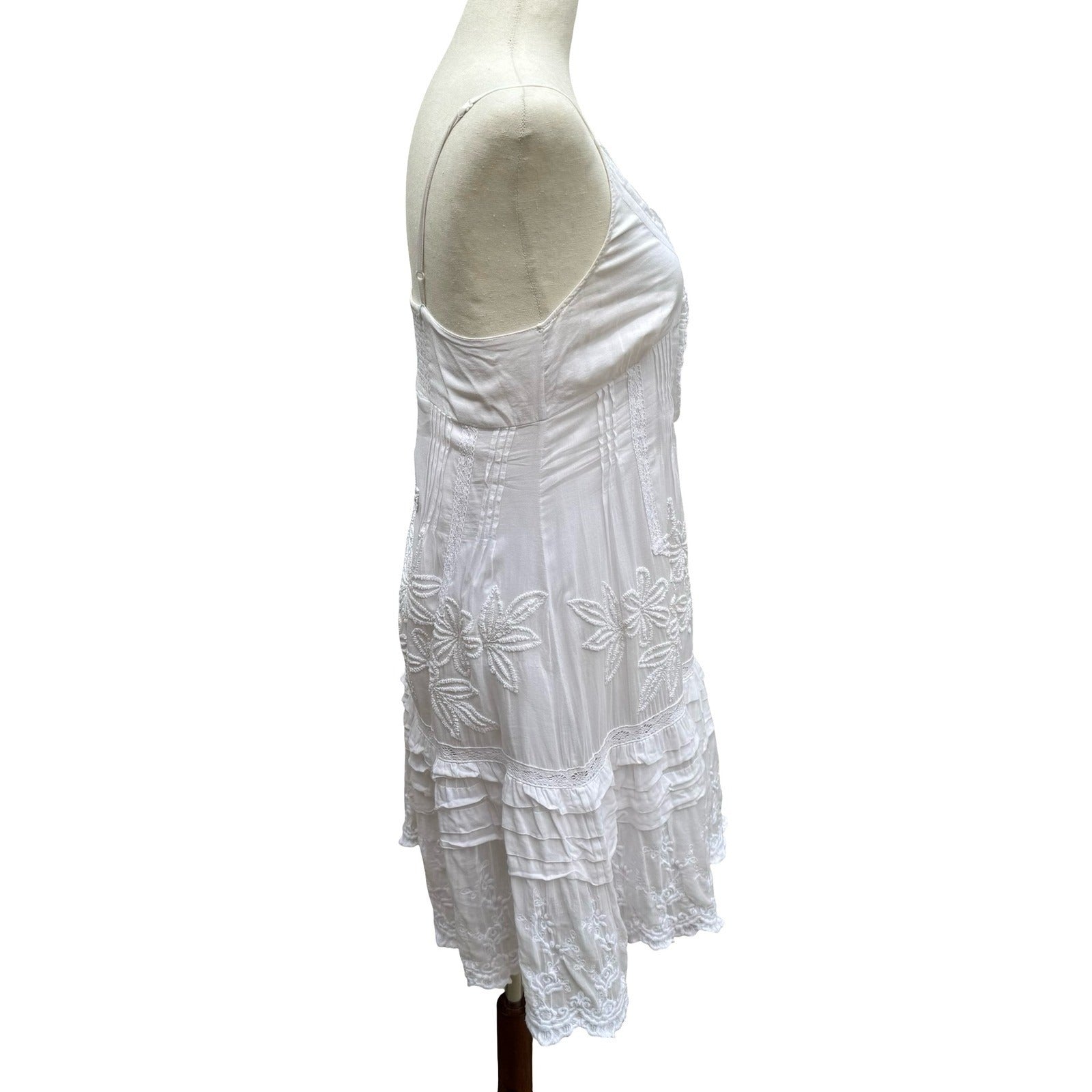 Ethereal Boho Coastal Floral Embroidered Beach Sundress Smocked Back Ruffle Lace