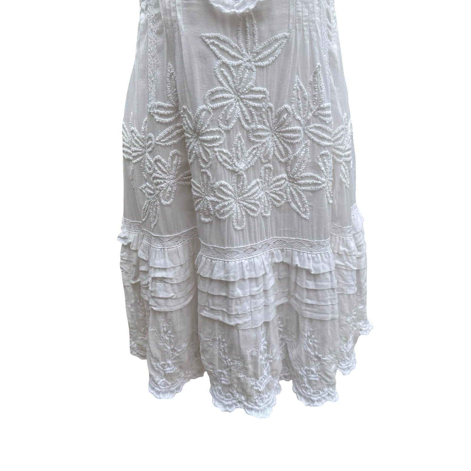 Ethereal Boho Coastal Floral Embroidered Beach Sundress Smocked Back Ruffle Lace