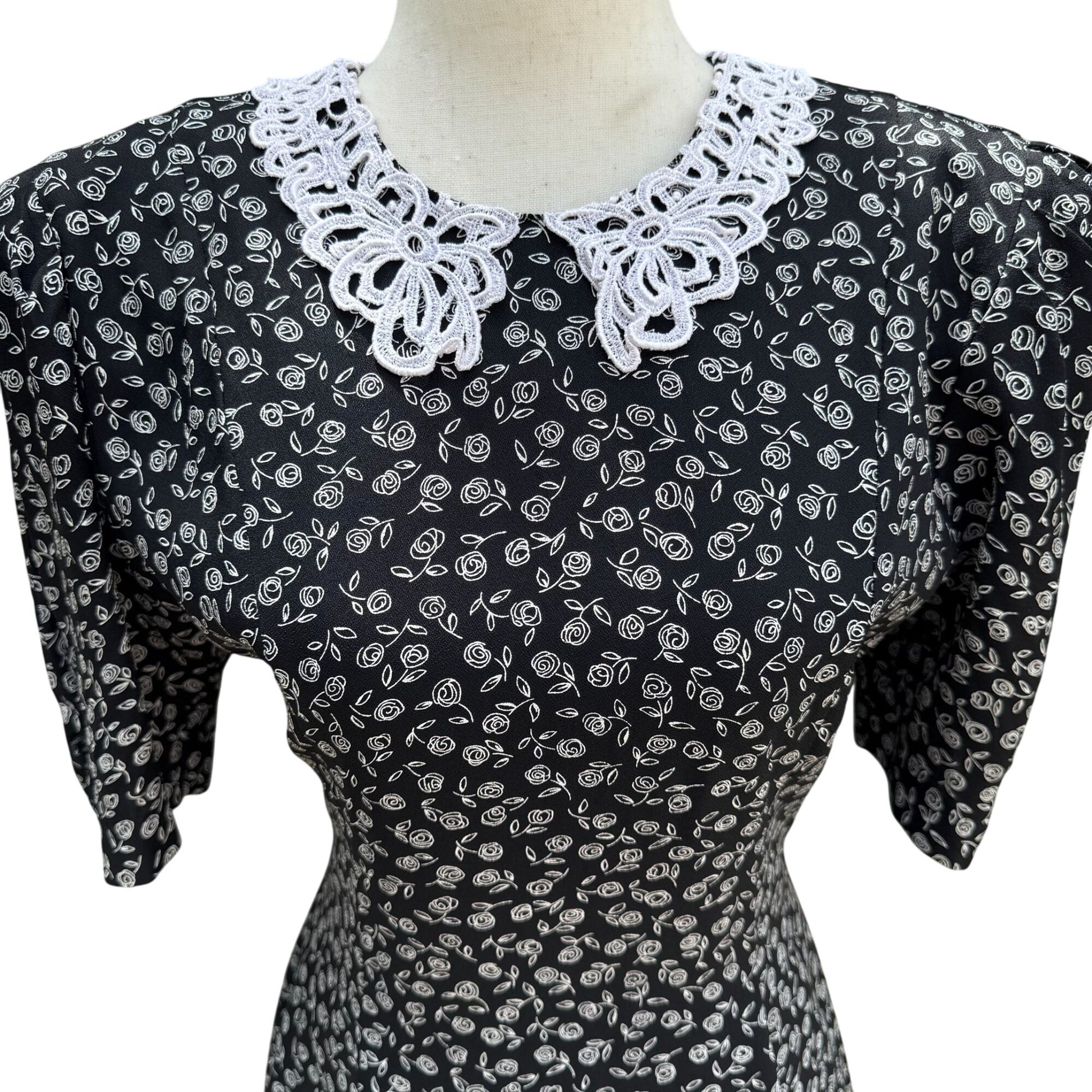 RJ Stevens Vintage 80s Black Floral Lace Collar Tiered Skirt Womens Dress 4