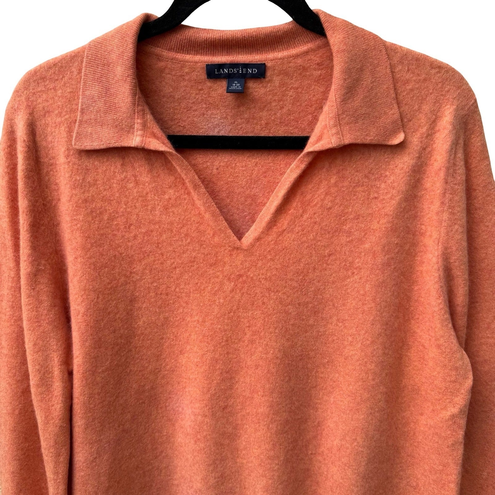 Lands End 100% Cashmere Preppy Minimalist Natural Fiber Polo Sweater Orange XL