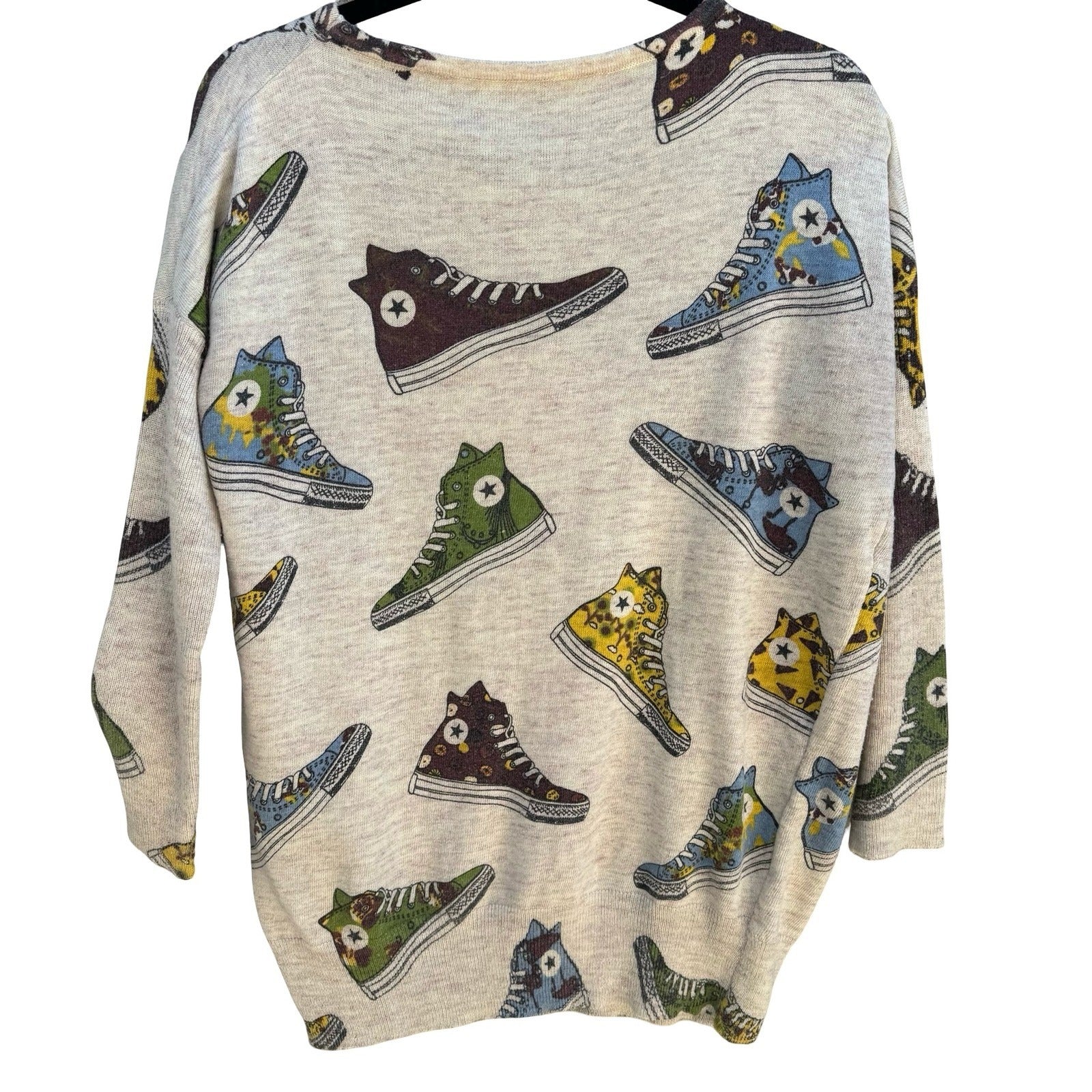Vintage Style Sneaker Print Novelty Knit Sweater Oatmeal Sneakerhead Kitschy XL
