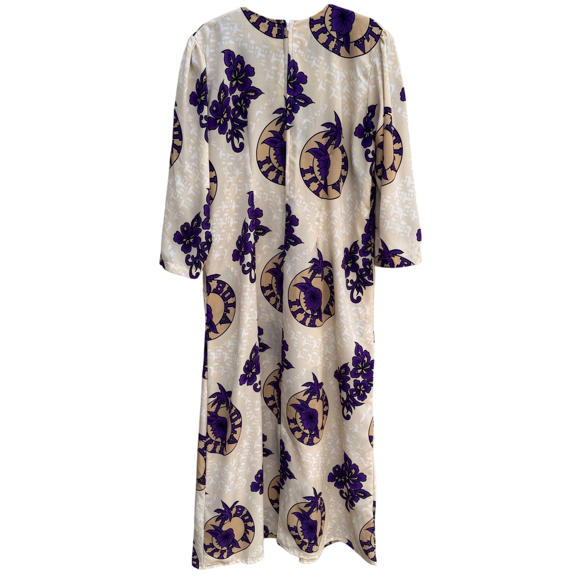Bula Fiji Vintage Handmade Womens Tan Purple Floral Housecoat Style Tunic Dress