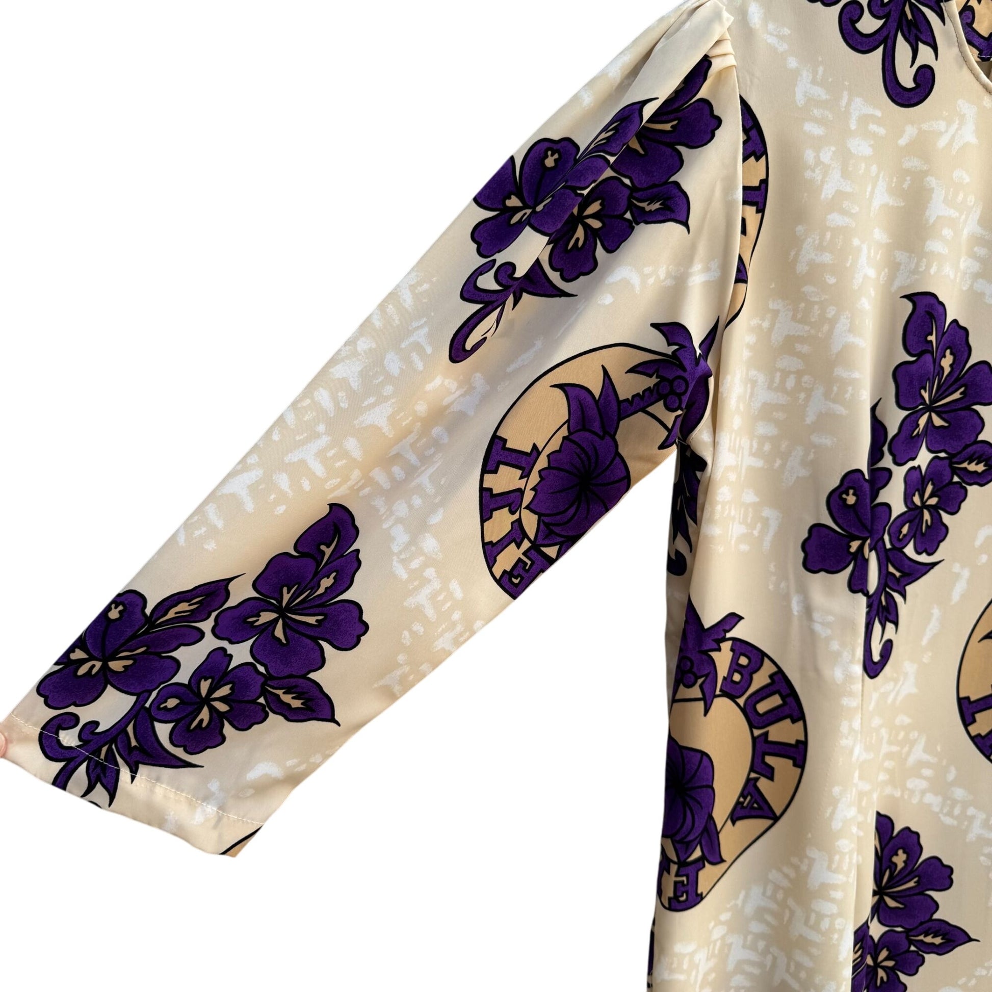 Bula Fiji Vintage Handmade Womens Tan Purple Floral Housecoat Style Tunic Dress