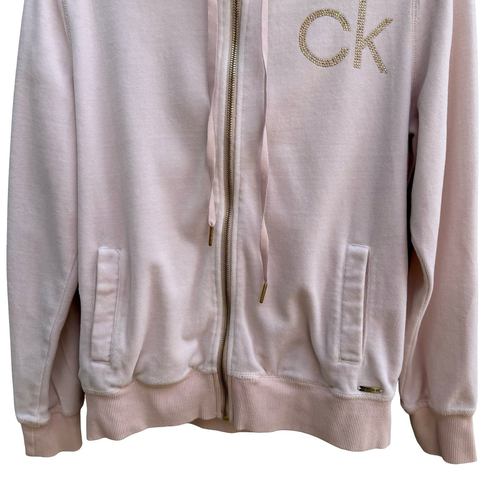 Calvin Klein Y2K McBling Athleisure Pink Velour Zip Up Hoodie Studded CK Logo M