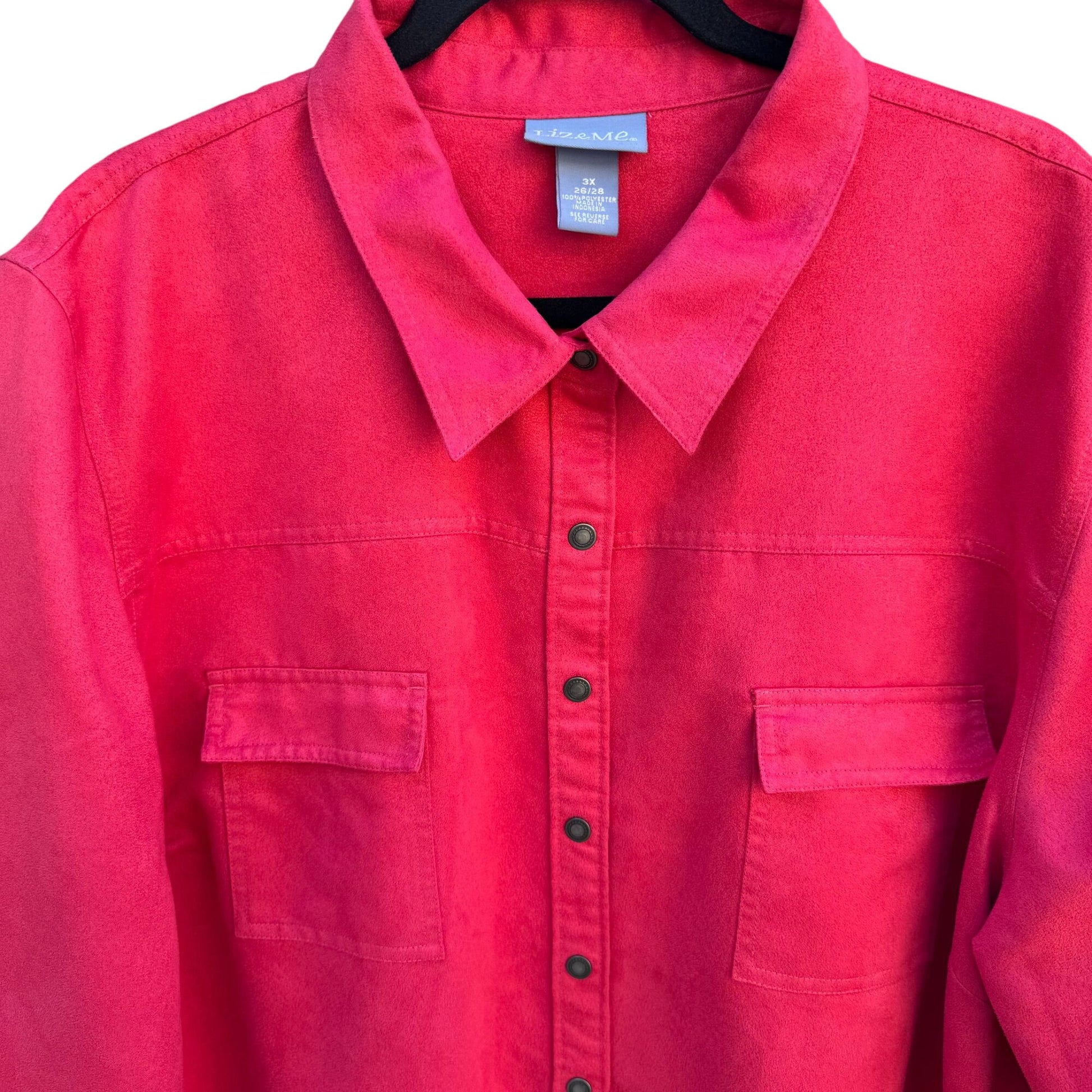 Liz & Me Womens Red Button Down Faux Suede Shirt Soft Cozy Workwear Plus Size 3X