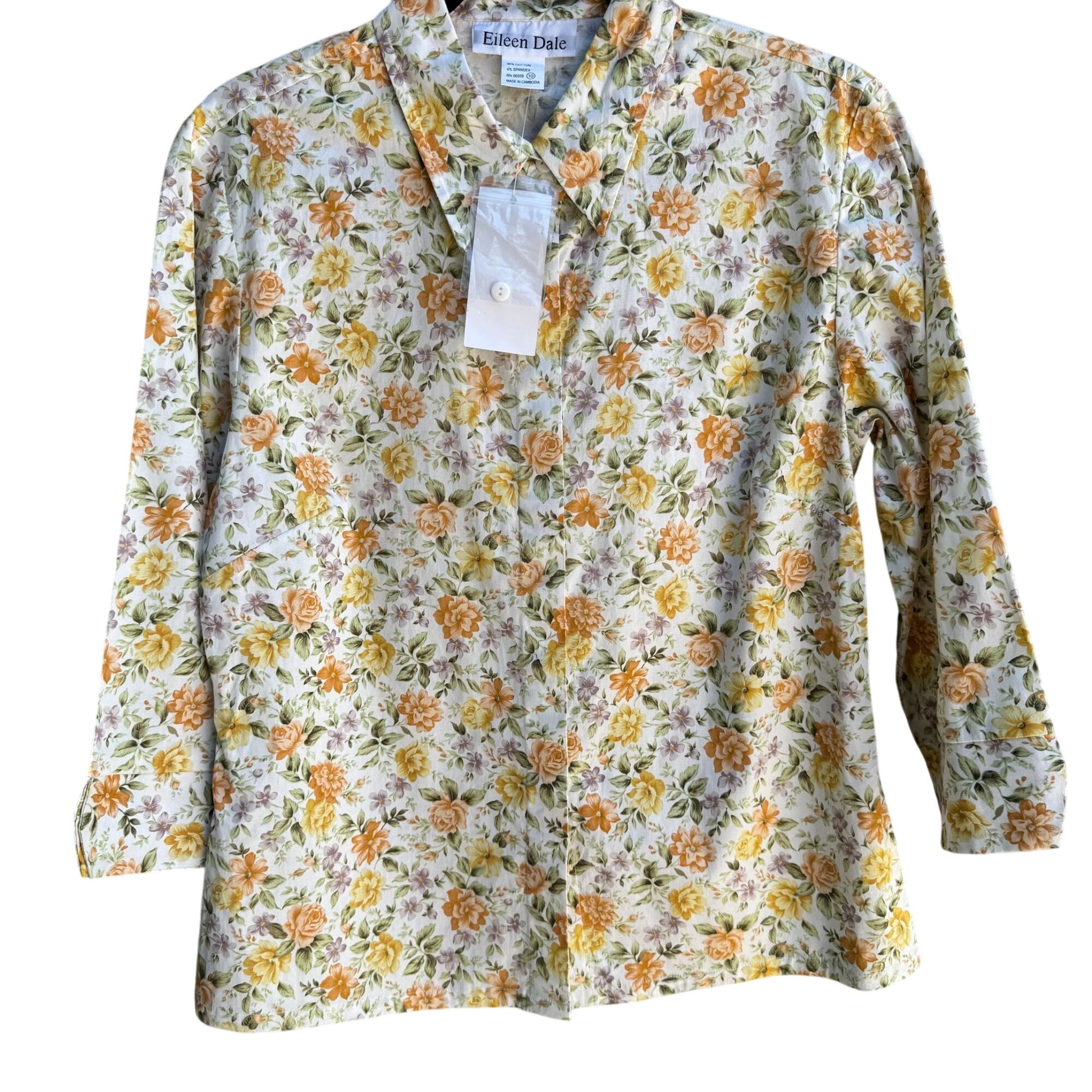 Eileen Dale Floral Cottage 3/4 Sleeve Roll Cuff Shirt Womens M Vintage Deadstock