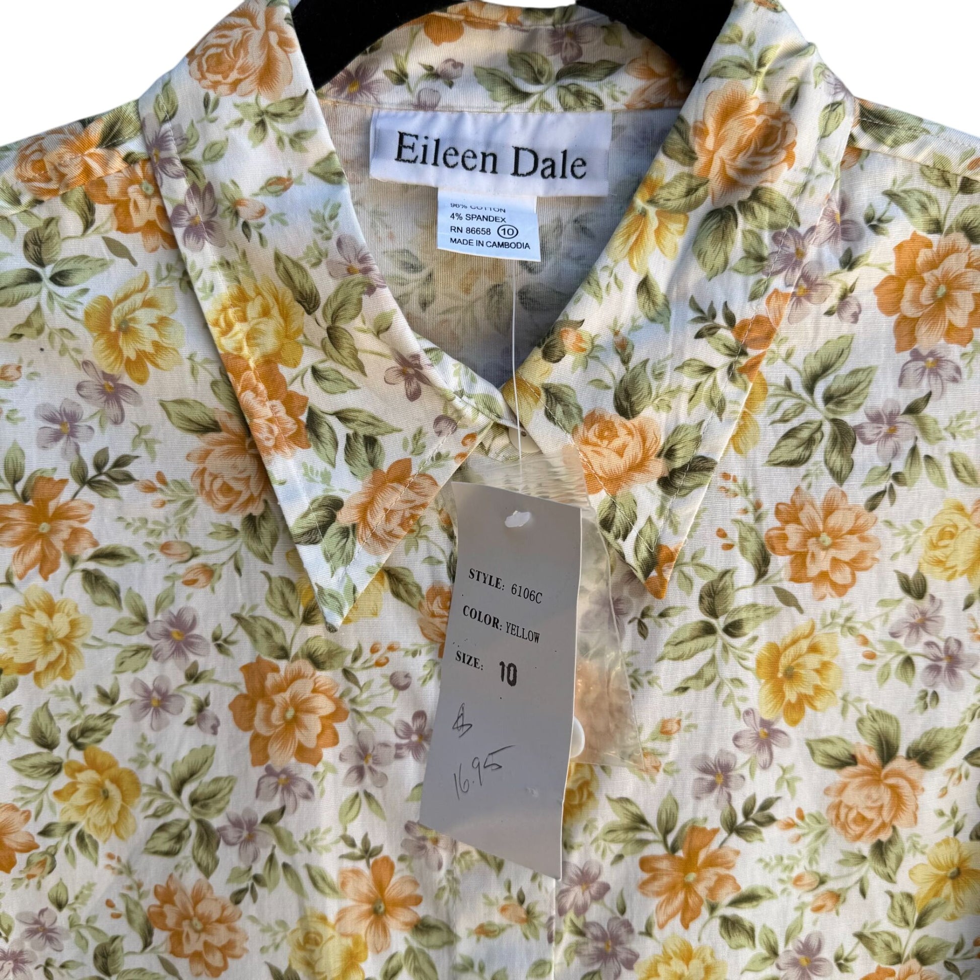 Eileen Dale Floral Cottage 3/4 Sleeve Roll Cuff Shirt Womens M Vintage Deadstock