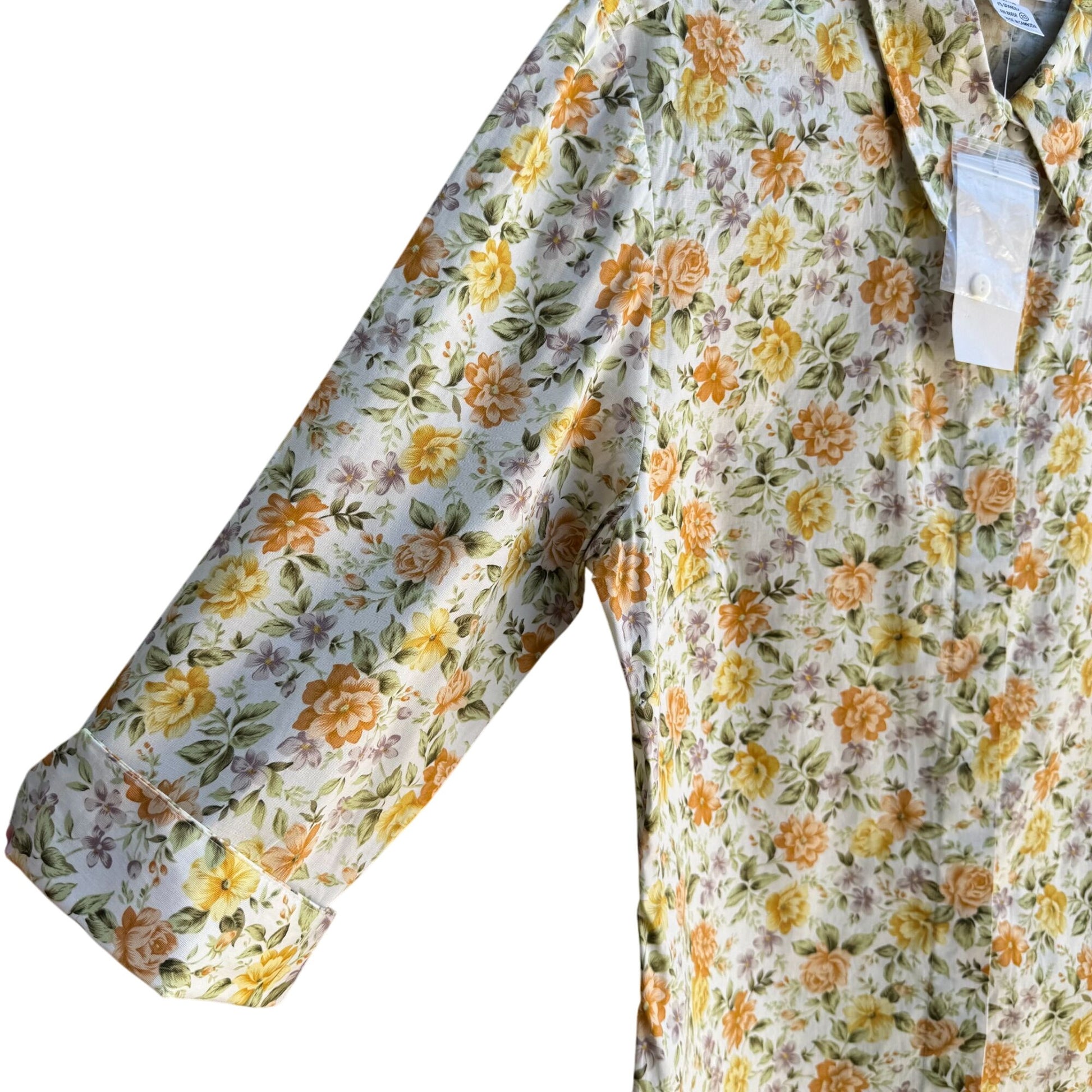 Eileen Dale Floral Cottage 3/4 Sleeve Roll Cuff Shirt Womens M Vintage Deadstock