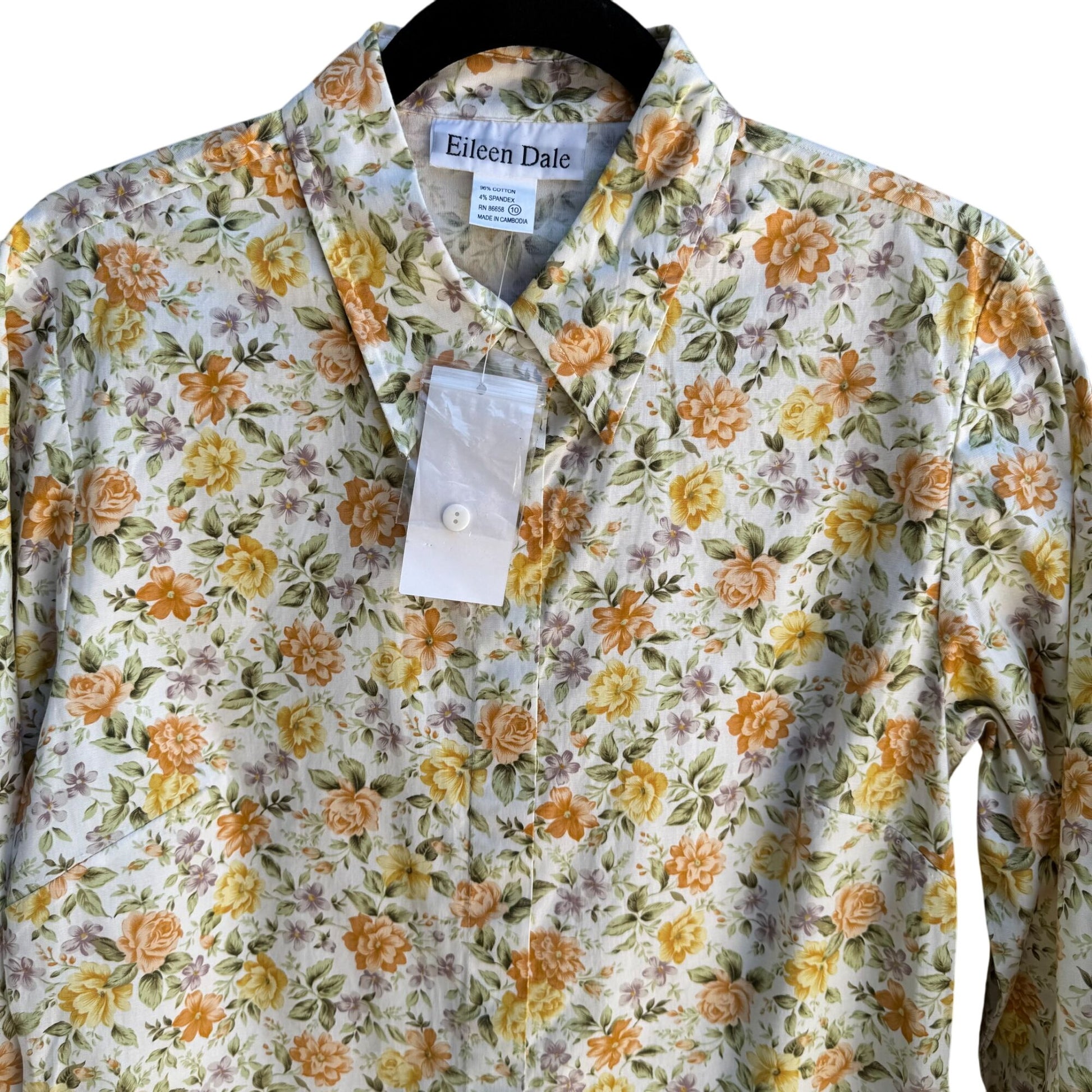 Eileen Dale Floral Cottage 3/4 Sleeve Roll Cuff Shirt Womens M Vintage Deadstock