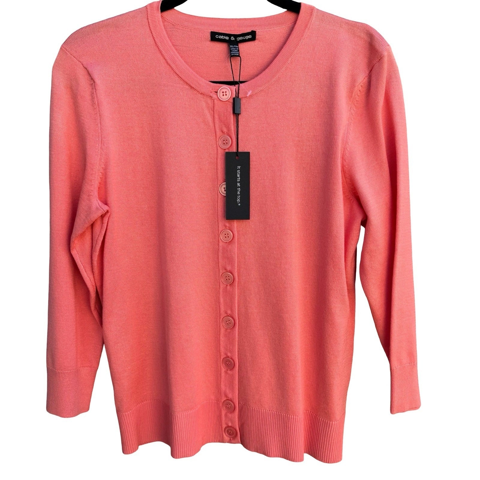 Cable & Gauge Womens XXL Coral Pink Button Front 3/4 Sleeve Cardigan Sweater NEW