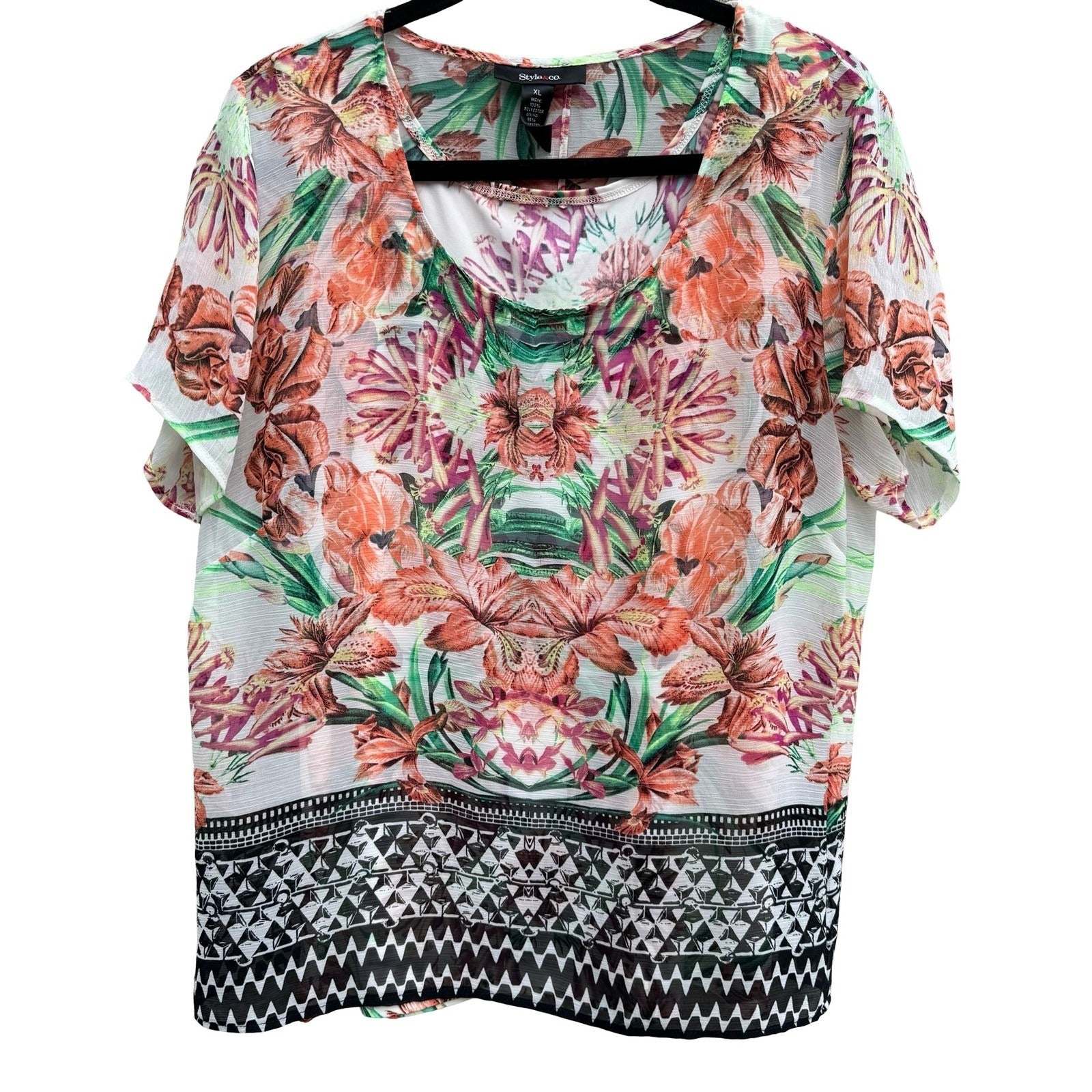 Style & Co Womens XL Floral Geometric Layered Split Back Blouse Eclectic Artsy
