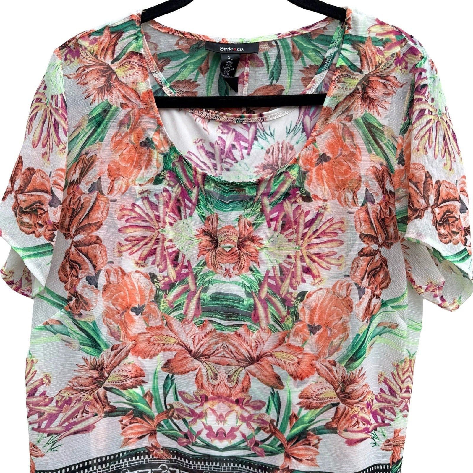 Style & Co Womens XL Floral Geometric Layered Split Back Blouse Eclectic Artsy