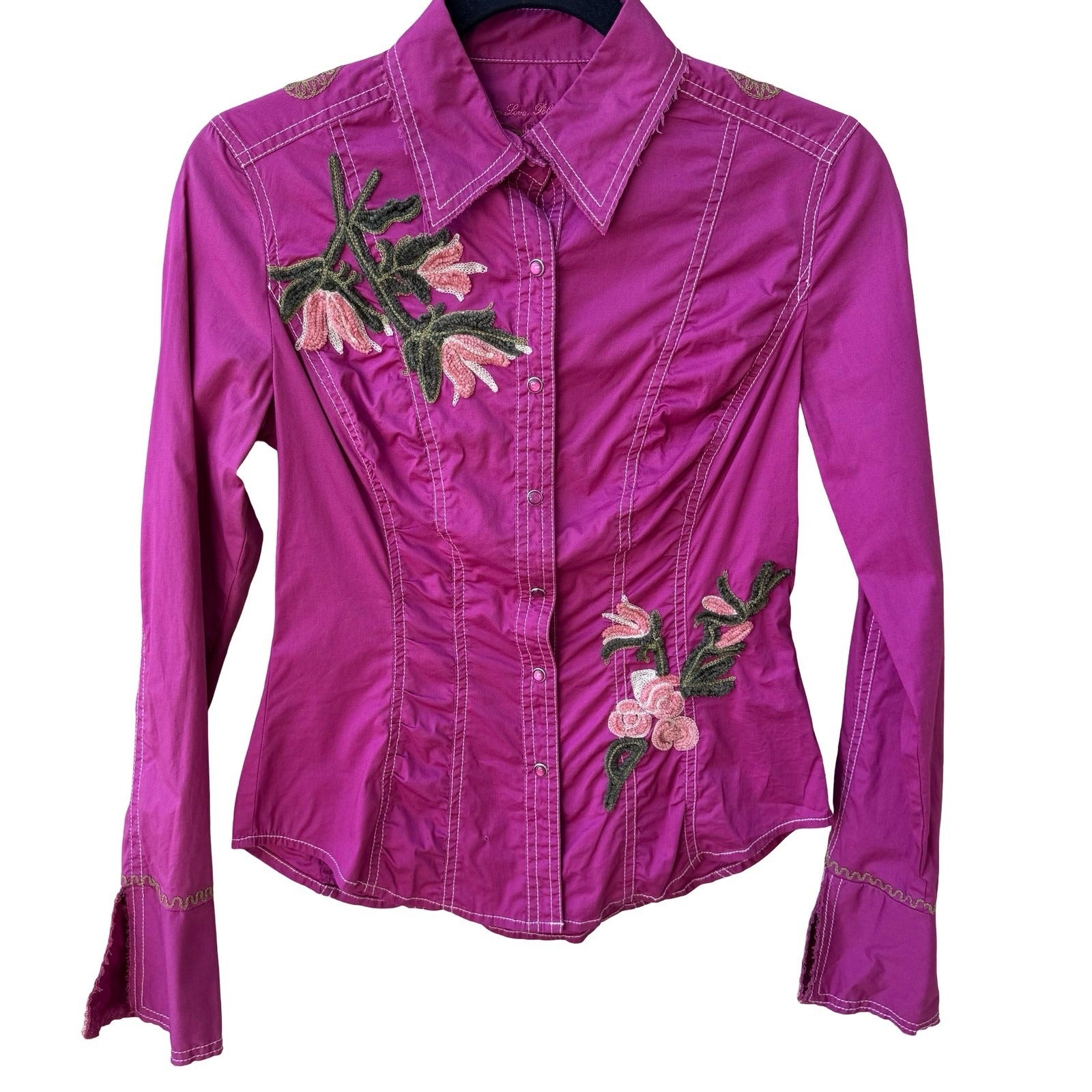 Love Polly Y2K Cowgirl Floral Chenille Embroidered Western Snap Shirt Pink XS