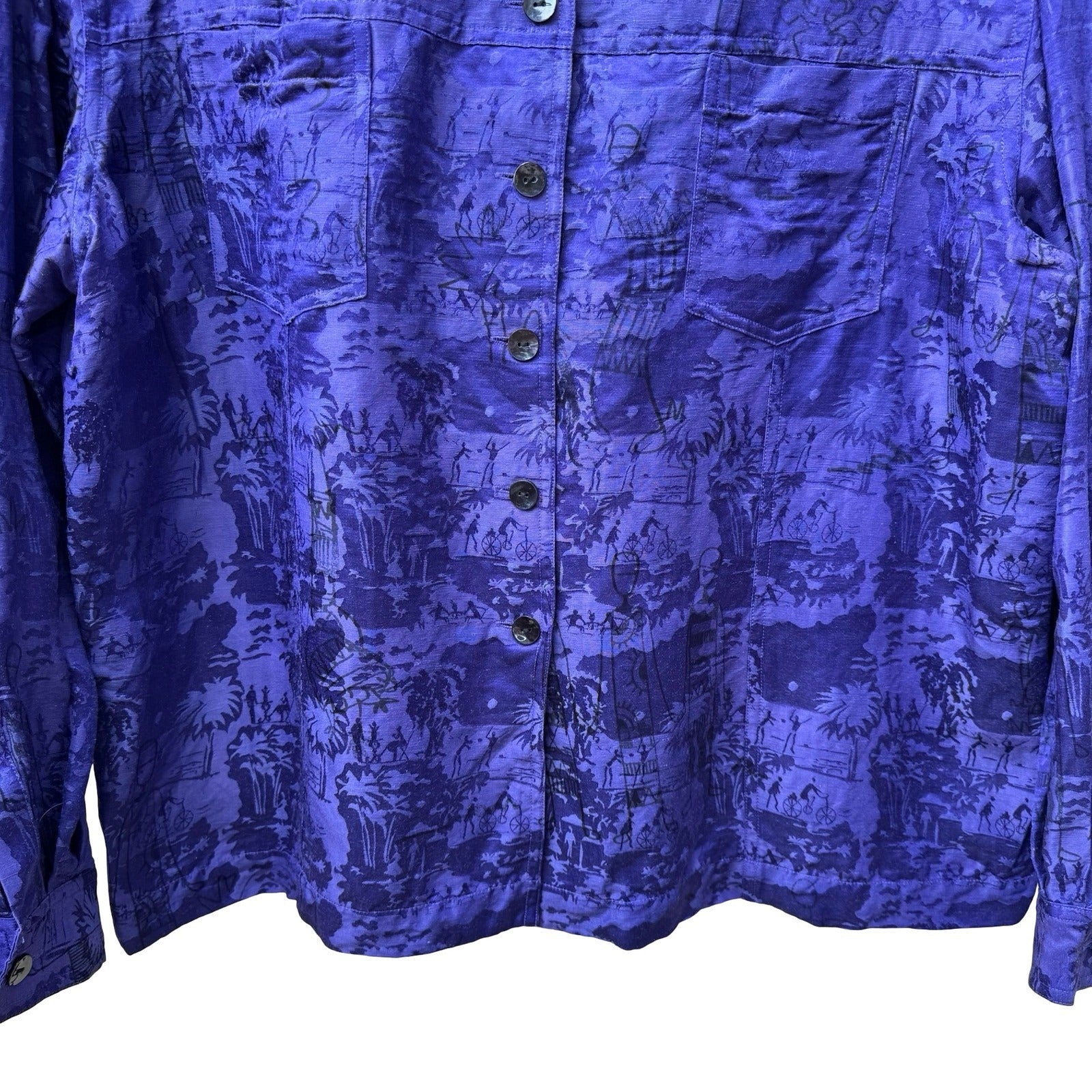 Chicos Linen Silk Coastal Resortwear Boho Art Deco Scenic Print Jacket Purple XL