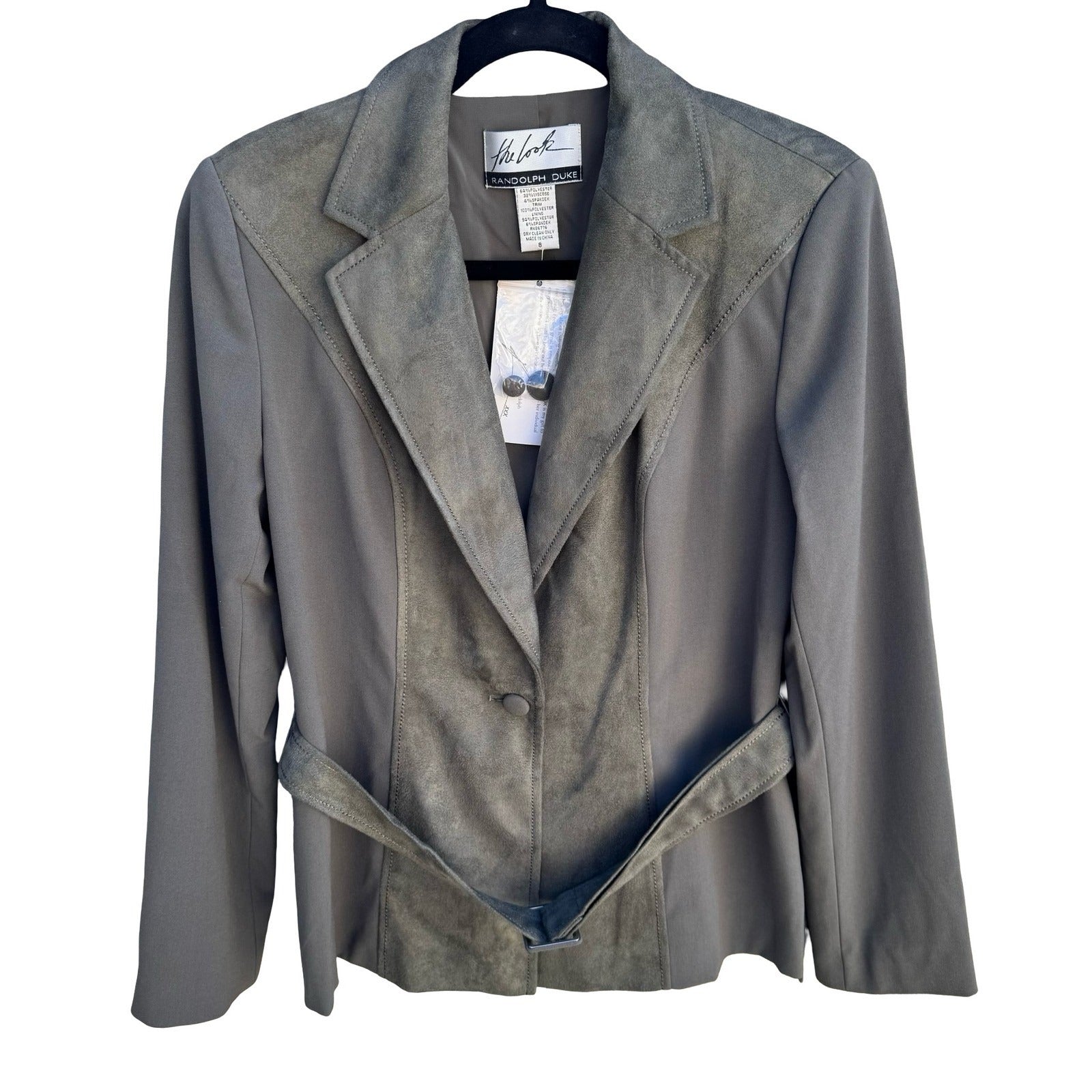 Randolph Duke The Look Olive Green Faux Suede Trim Belted Blazer Jacket 8 NWT