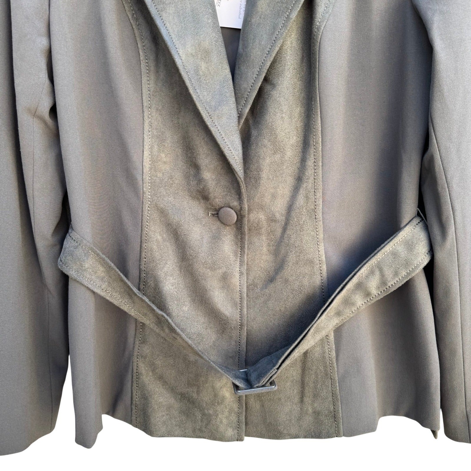 Randolph Duke The Look Olive Green Faux Suede Trim Belted Blazer Jacket 8 NWT