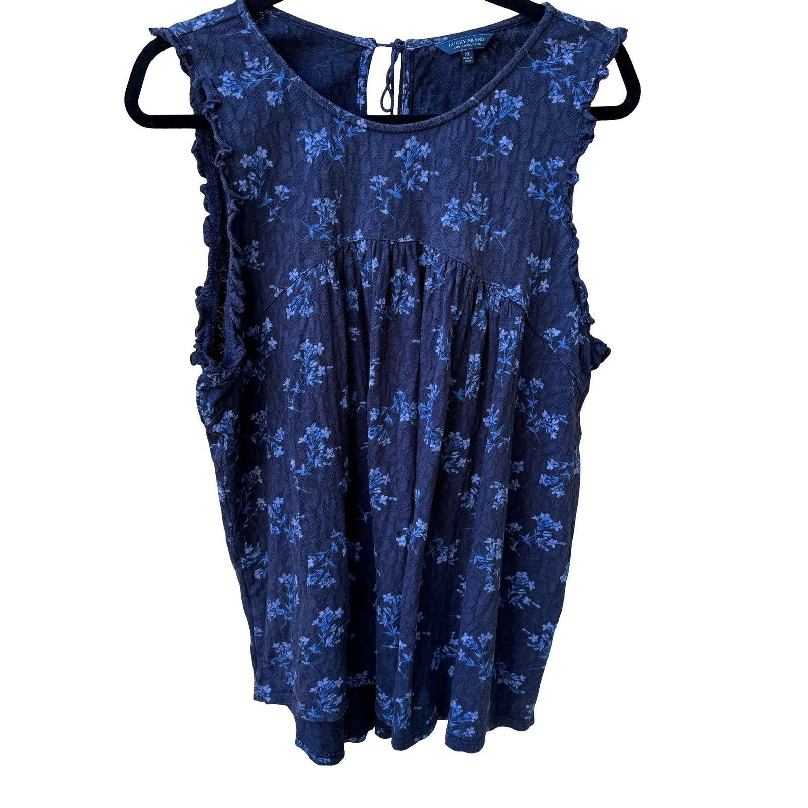 Lucky Brand Floral Sleeveless Boho Ruffle Tie Back Cotton Peasant Top Navy XL
