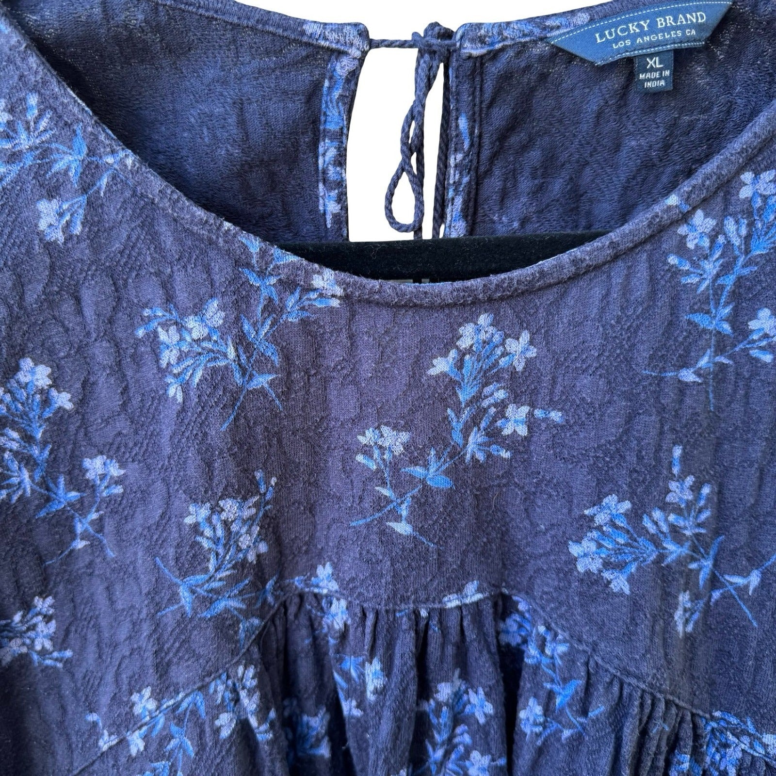 Lucky Brand Floral Sleeveless Boho Ruffle Tie Back Cotton Peasant Top Navy XL