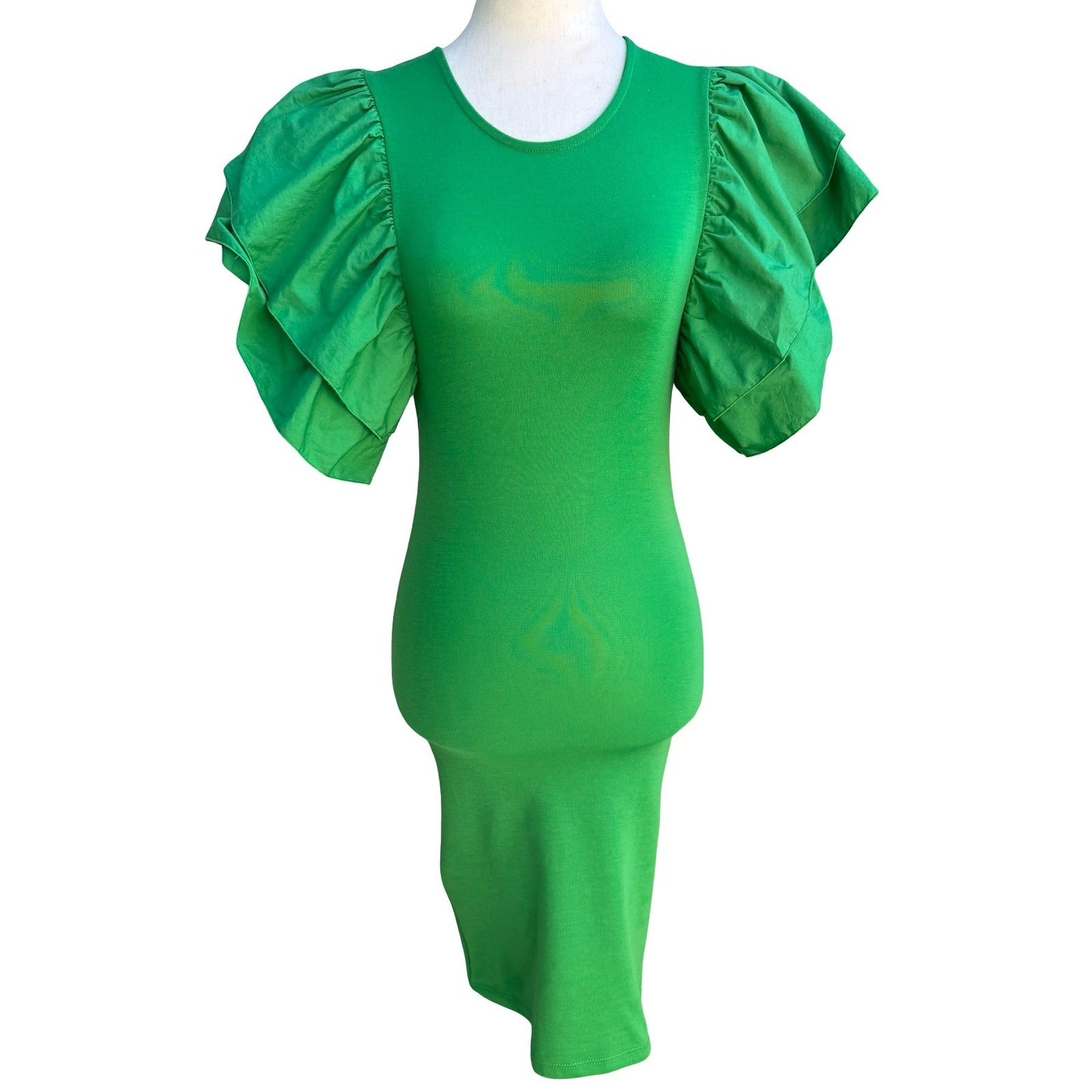 Zara Avant Garde Ruffle Puff Statement Sleeve Cocktail Bodycon Dress Green S