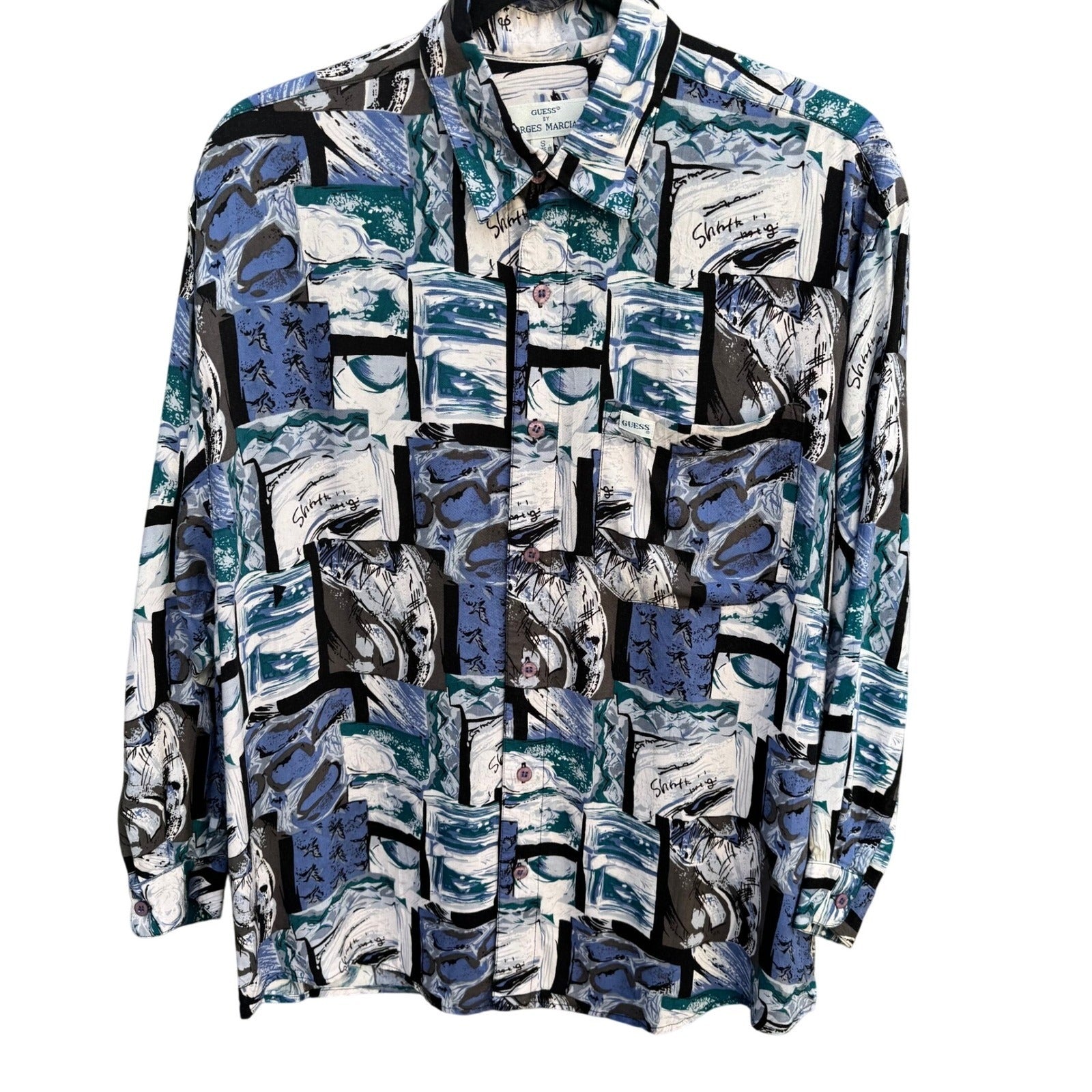 Guess Georges Marciano Vintage 90s Mens S Abstract Rayon Button Down Shirt Blue