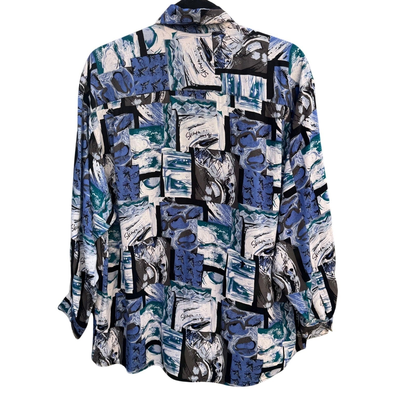 Guess Georges Marciano Vintage 90s Mens S Abstract Rayon Button Down Shirt Blue