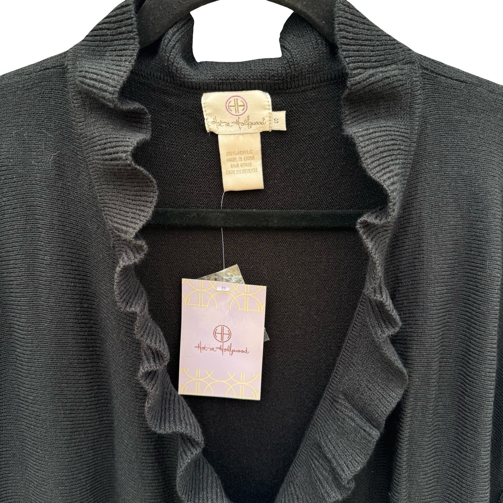 Hot in Hollywood Womens Black Ruffle Trim Open Front Cardigan Bell Sleeve Small