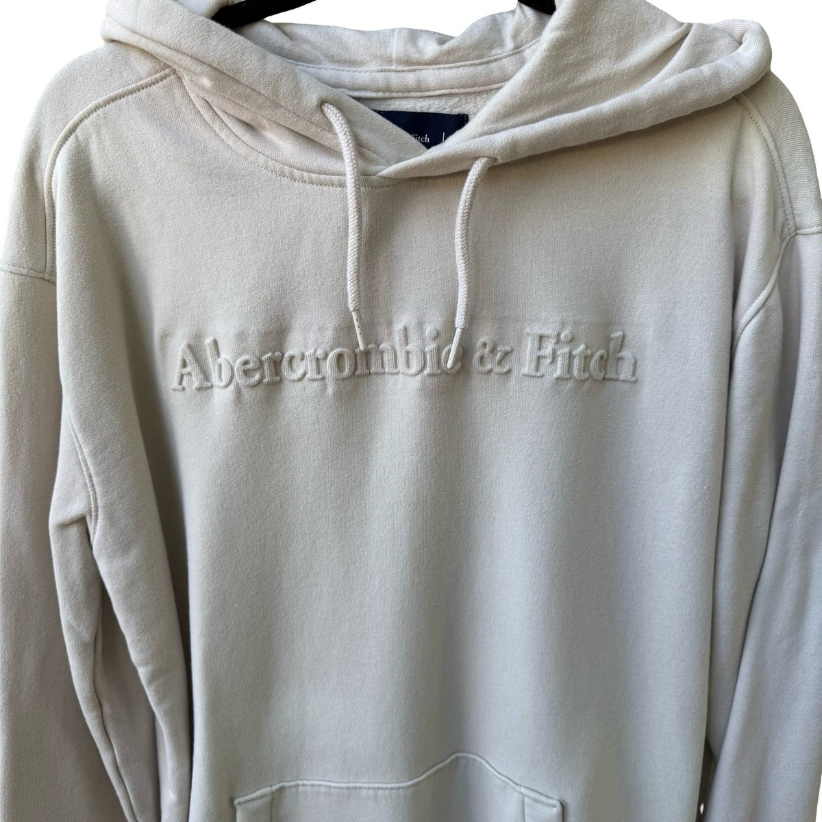 Abercrombie & Fitch Puff Print Embossed Logo Pullover Hoodie Cream Beige Mens M