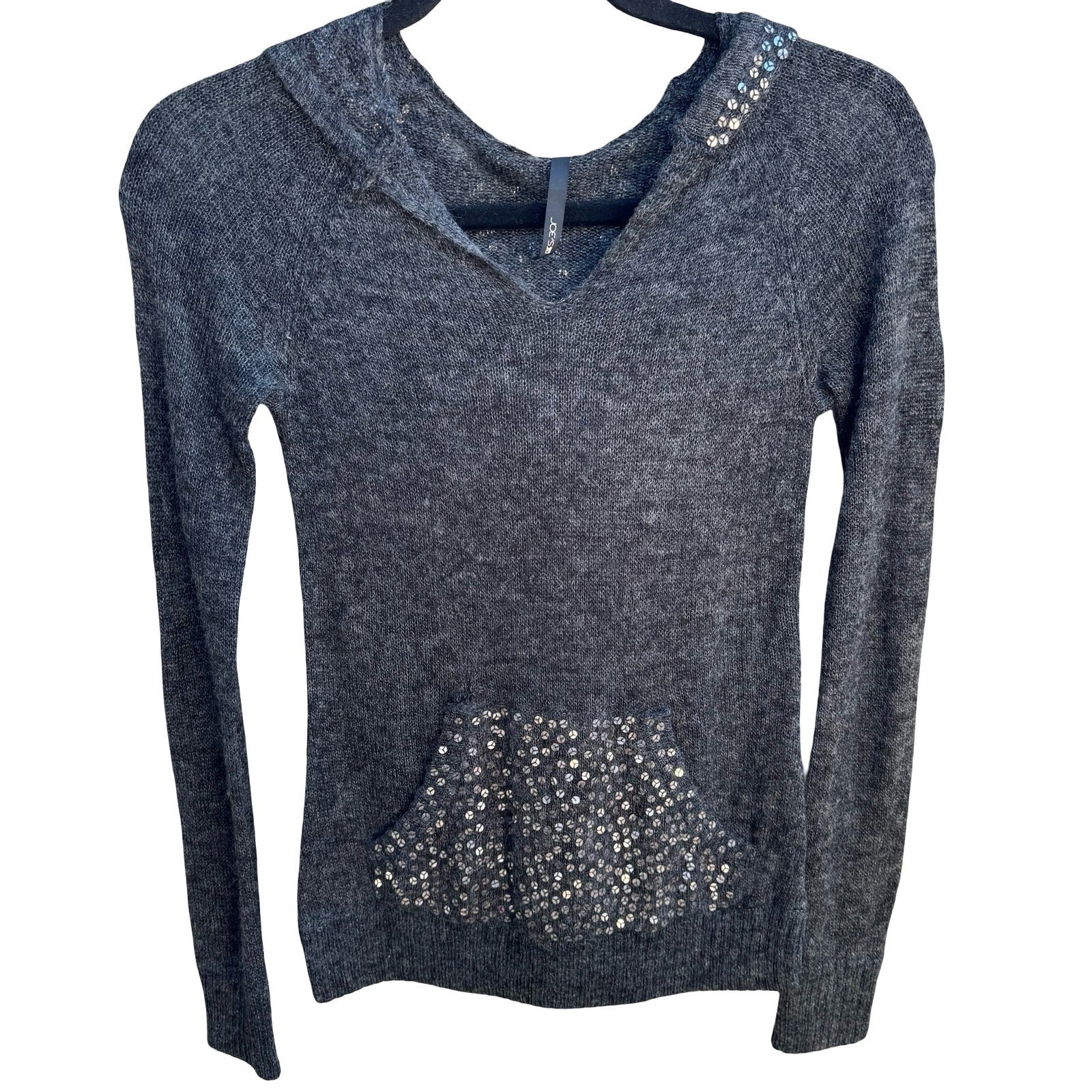 Joes Jeans Y2K Indie Sleaze Mohair Wool Blend Glam Sequin Hoodie Sweater Gray S