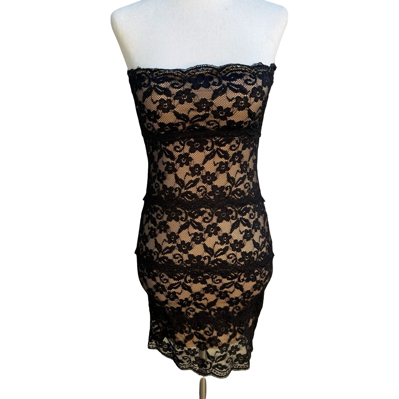 Pretty Good Coquette Whimsigoth Black Floral Lace Strapless Bodycon Mini Dress