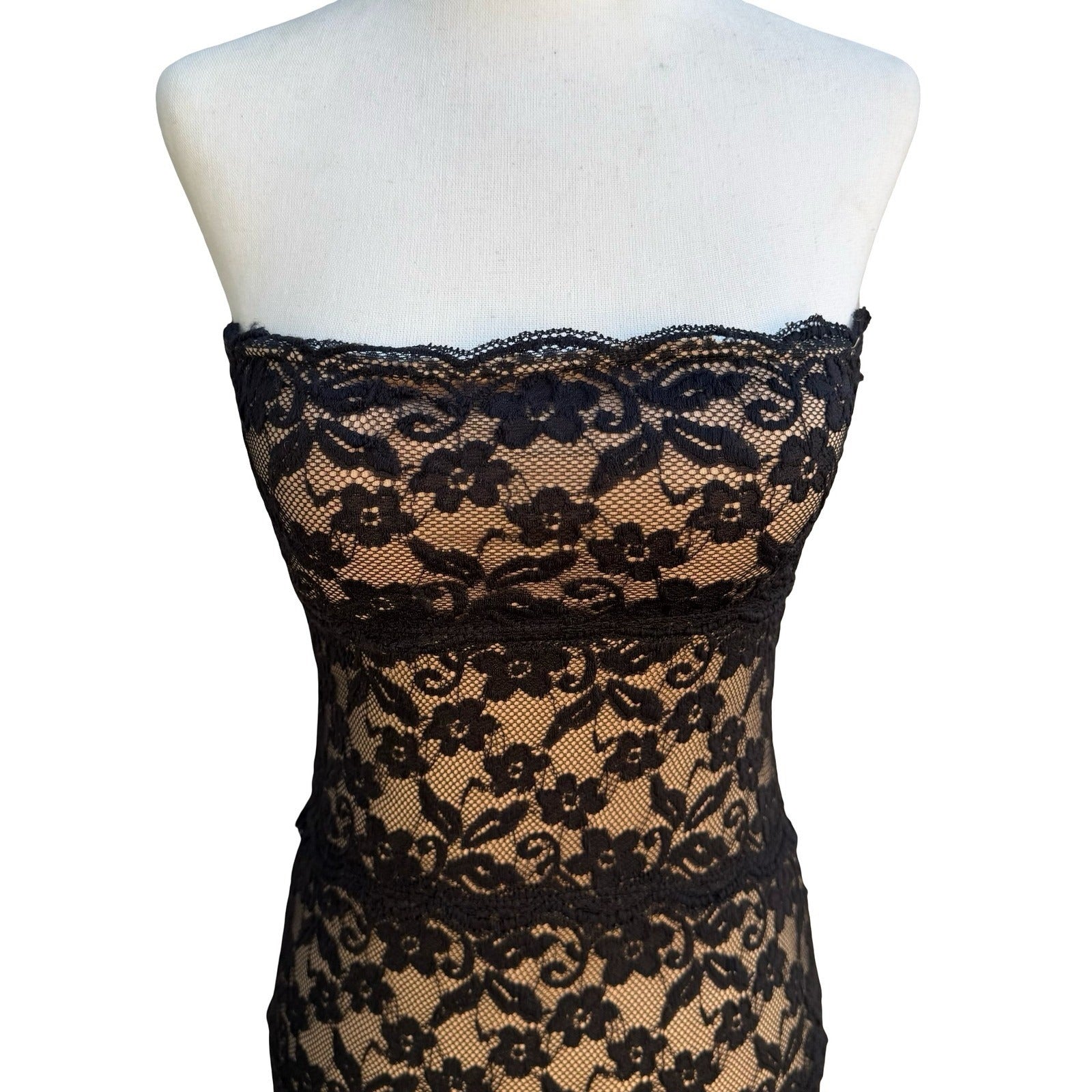Pretty Good Coquette Whimsigoth Black Floral Lace Strapless Bodycon Mini Dress