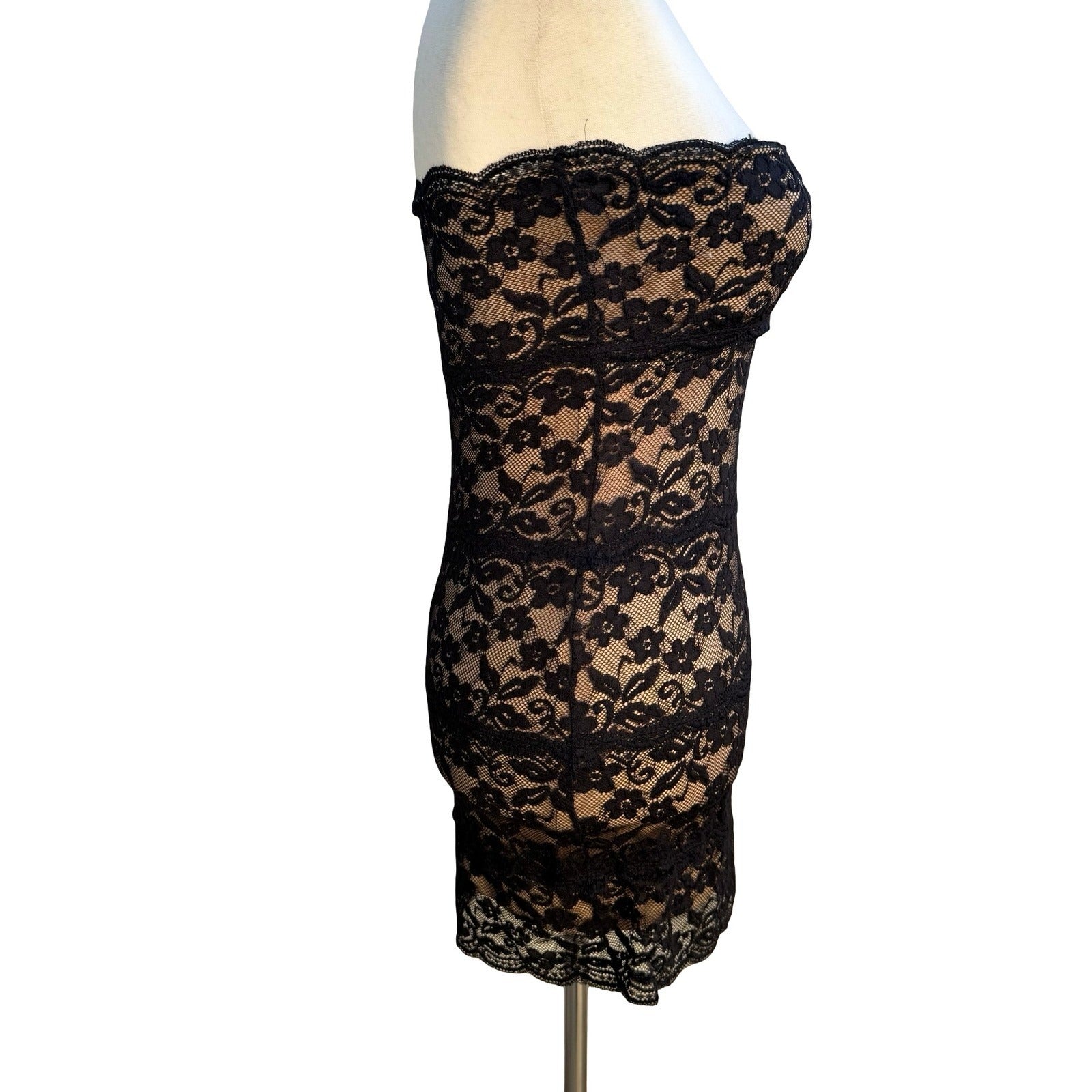 Pretty Good Coquette Whimsigoth Black Floral Lace Strapless Bodycon Mini Dress