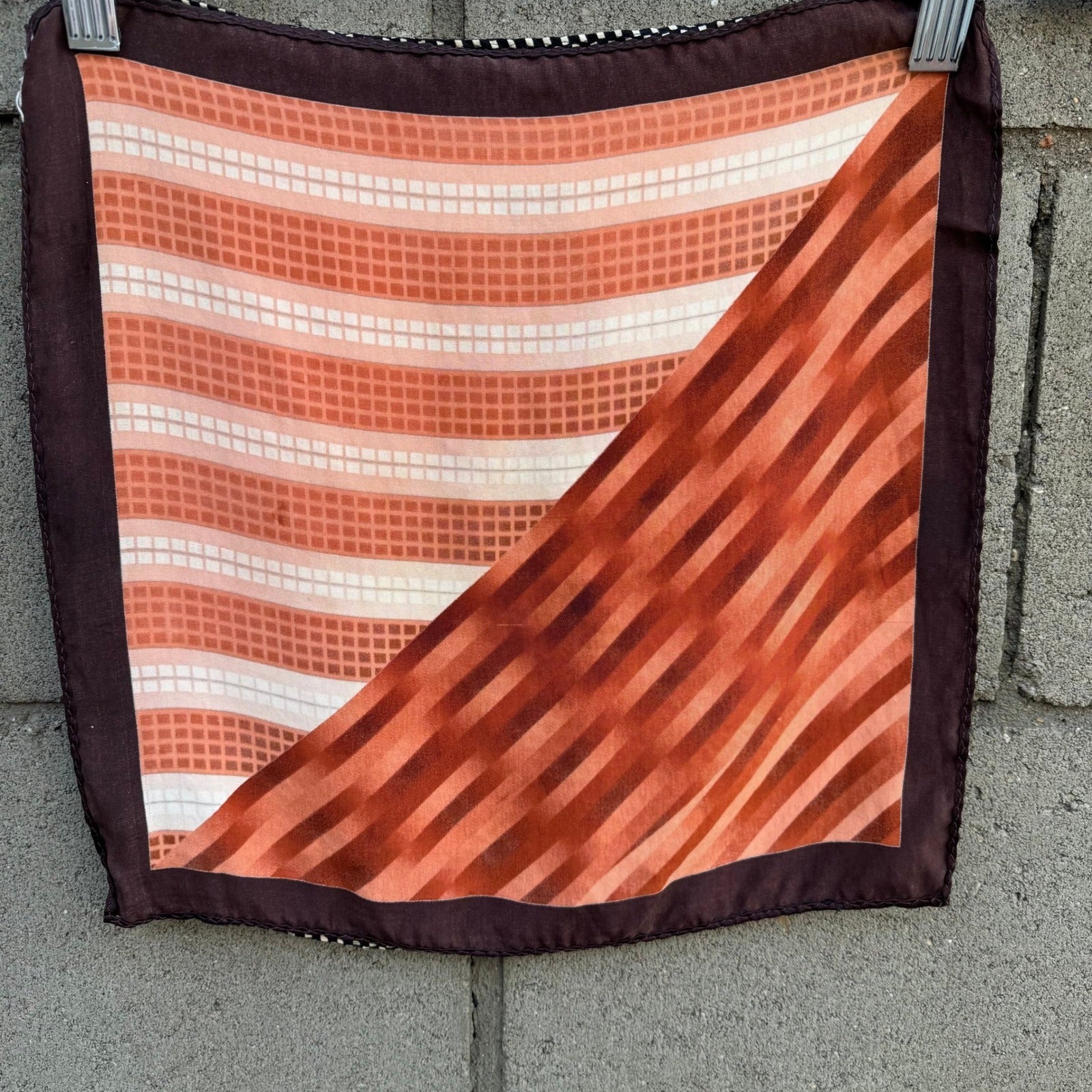 Vintage Reversible Pocket Squares 2 Set Geometric Orange Brown Black White Check