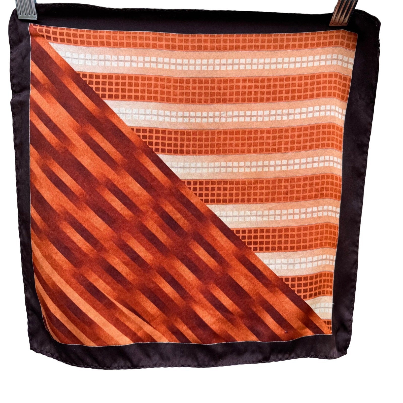 Vintage Reversible Pocket Squares 2 Set Geometric Orange Brown Black White Check