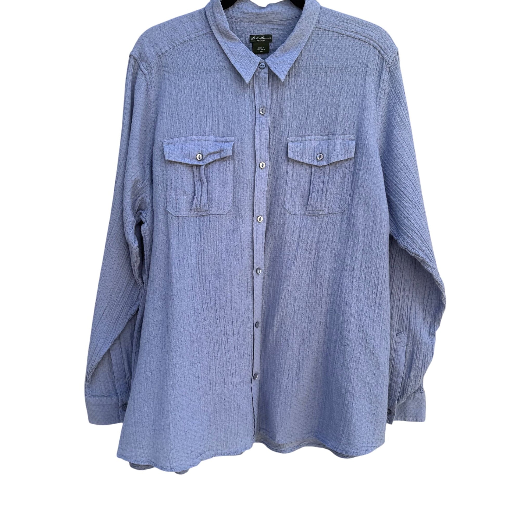 Eddie Bauer Womens Textured Linen Light Blue Button-Down Roll Tab Sleeve Shirt XXL