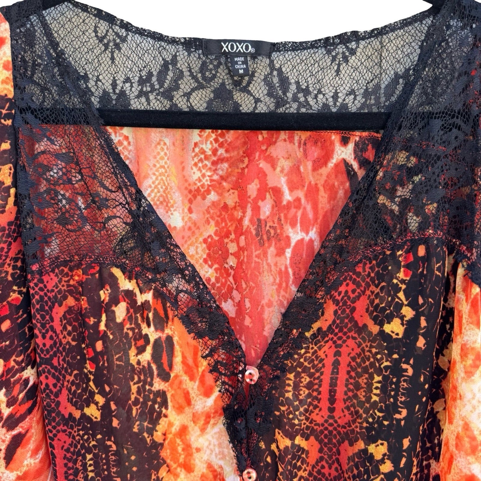 XOXO Y2K Red Animal Print Lace Tie Front Blouse M Snakeskin Leopard Maximalist