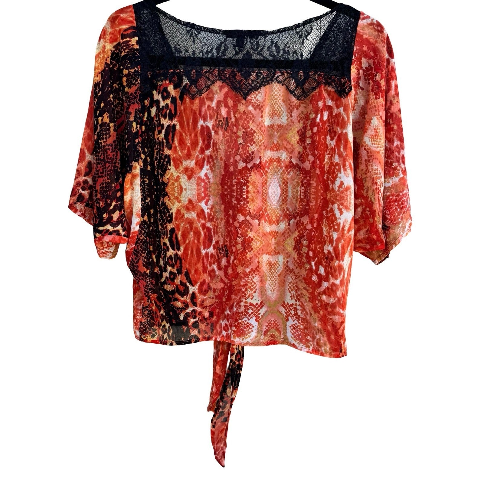XOXO Y2K Red Animal Print Lace Tie Front Blouse M Snakeskin Leopard Maximalist