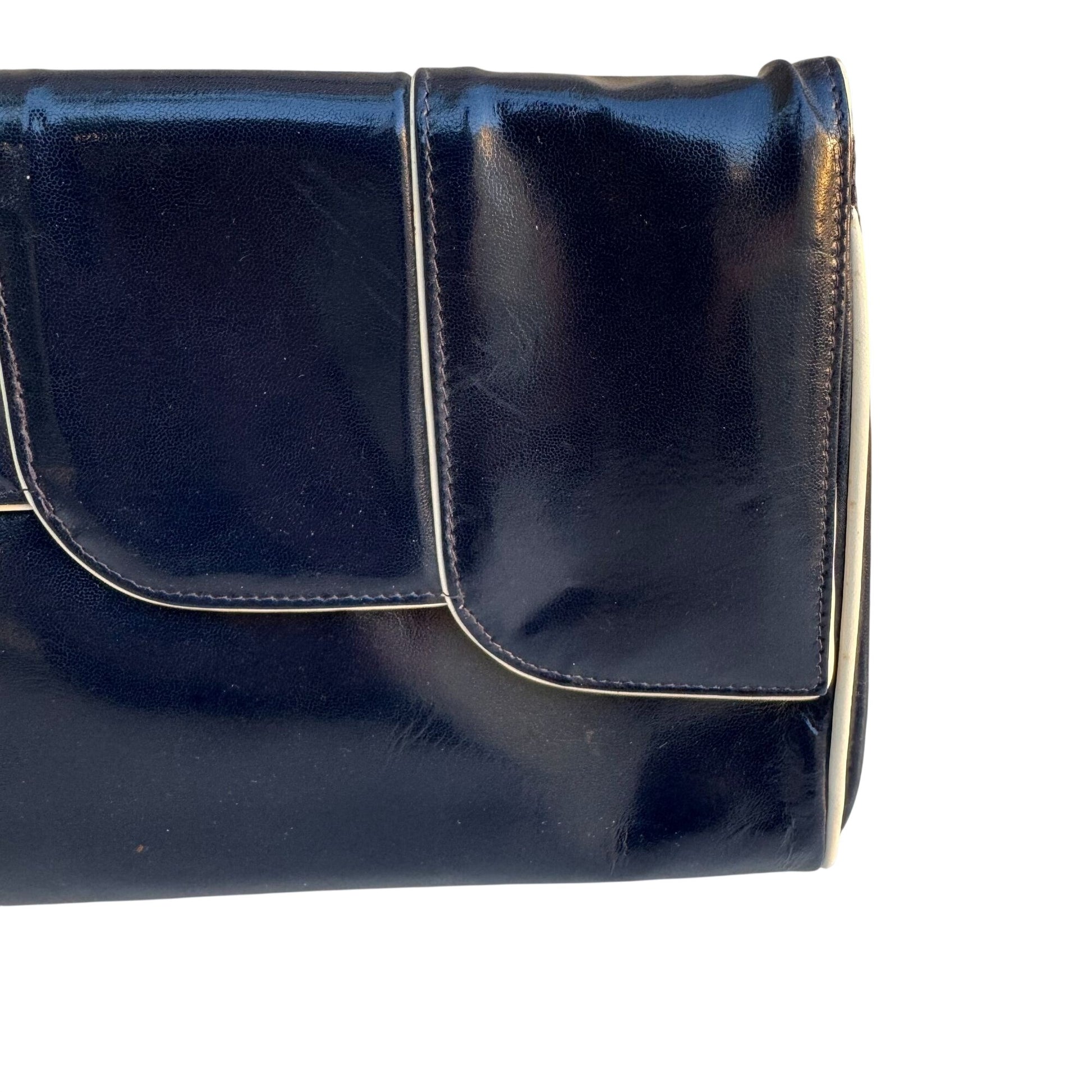 Bullocks Vintage Italian Leather Clutch Navy White Piping Art Deco Snap Closure