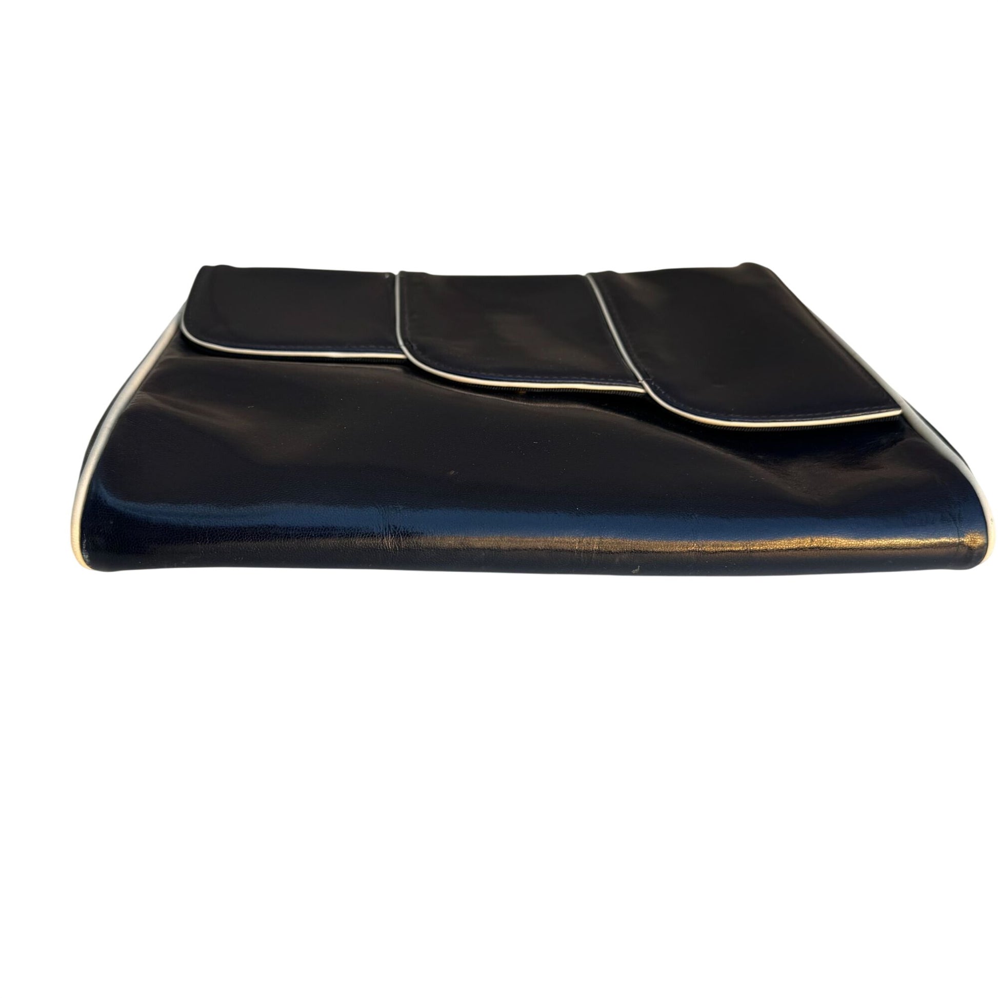 Bullocks Vintage Italian Leather Clutch Navy White Piping Art Deco Snap Closure