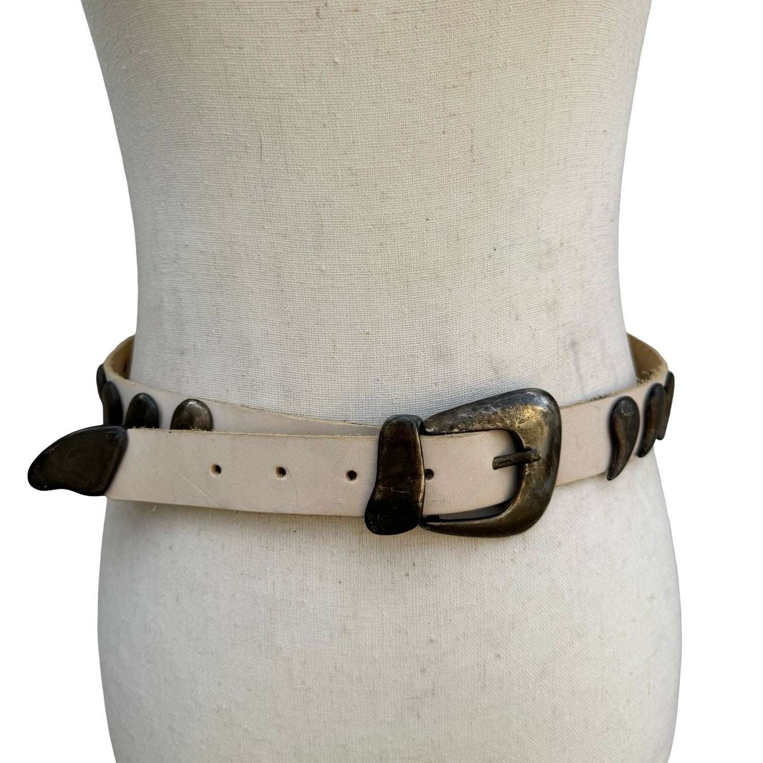 Vintage MGA Italy Cream Leather Belt Bronze Paisley Studded Western Boho Medium