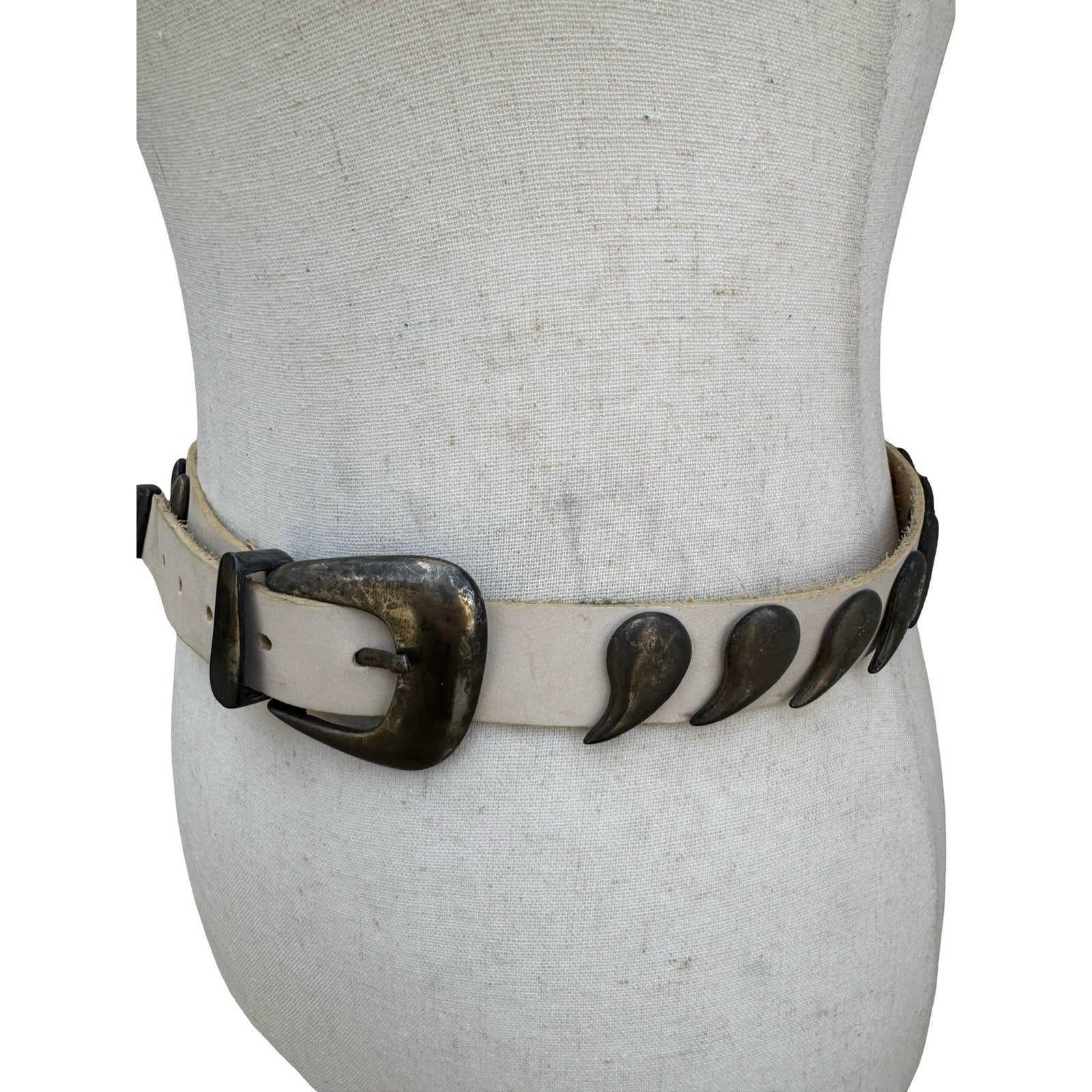 Vintage MGA Italy Cream Leather Belt Bronze Paisley Studded Western Boho Medium
