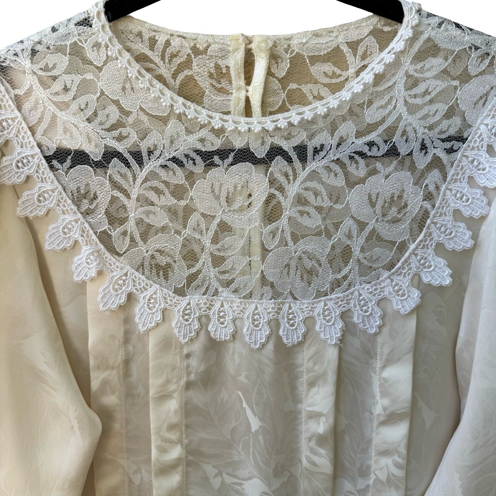 Vintage Coquette Romantic Lace Pintuck Floral Damask Button Back Romantic Blouse