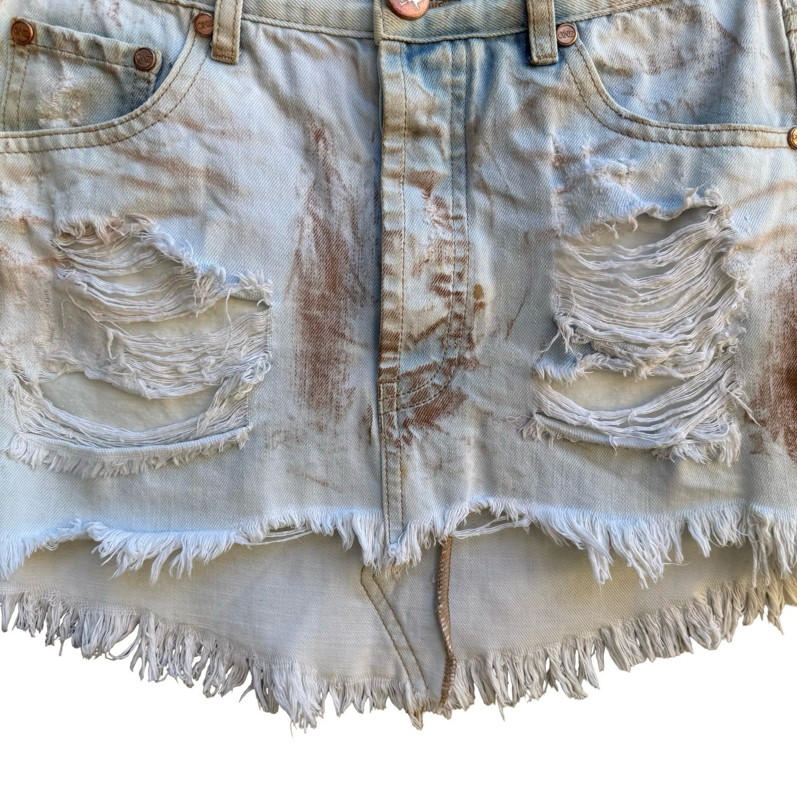 One Teaspoon Junk Yard Y2K Low Rise Distressed Raw Hem Denim Micro Mini Skirt 26