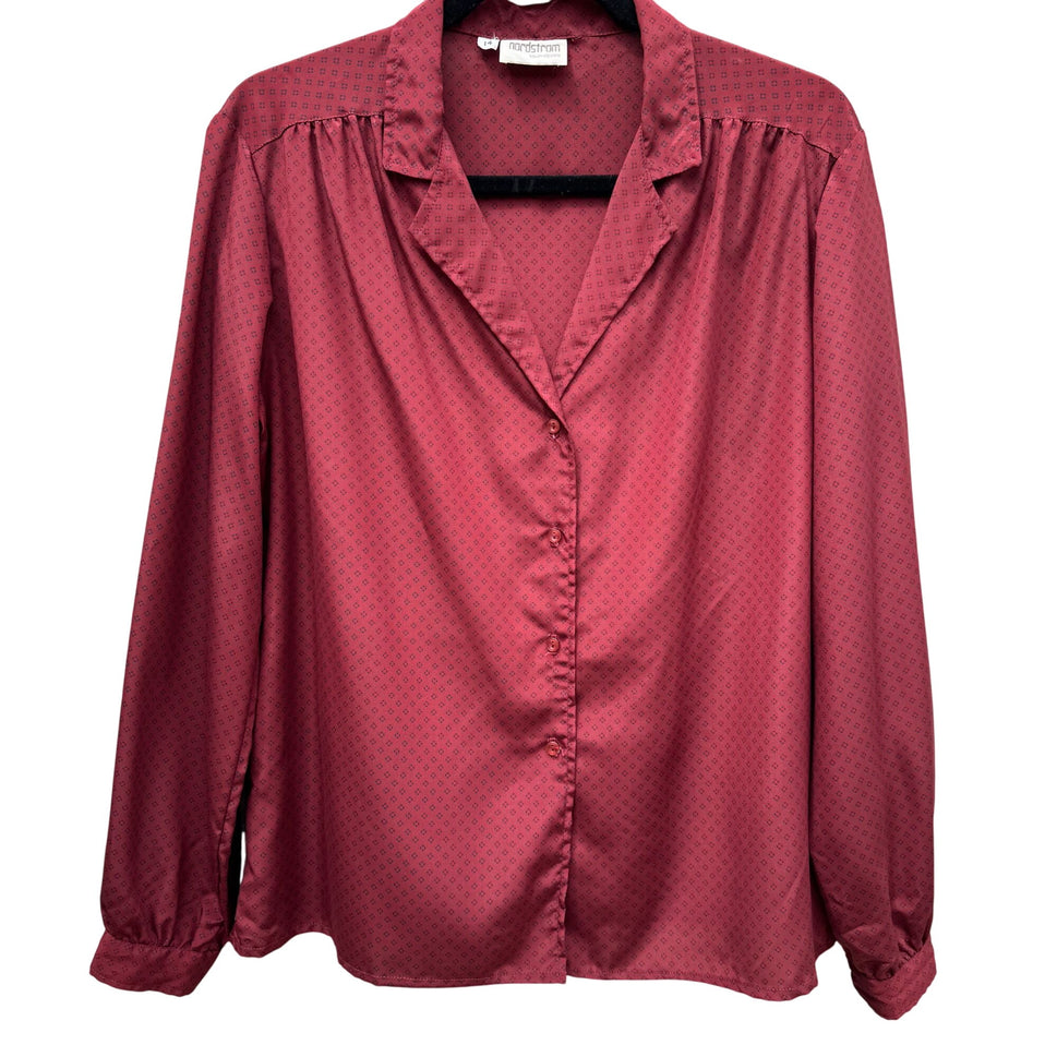 Nordstrom Town Square Vintage Red Patterned Button-Up Long Sleeve Top Womens 14